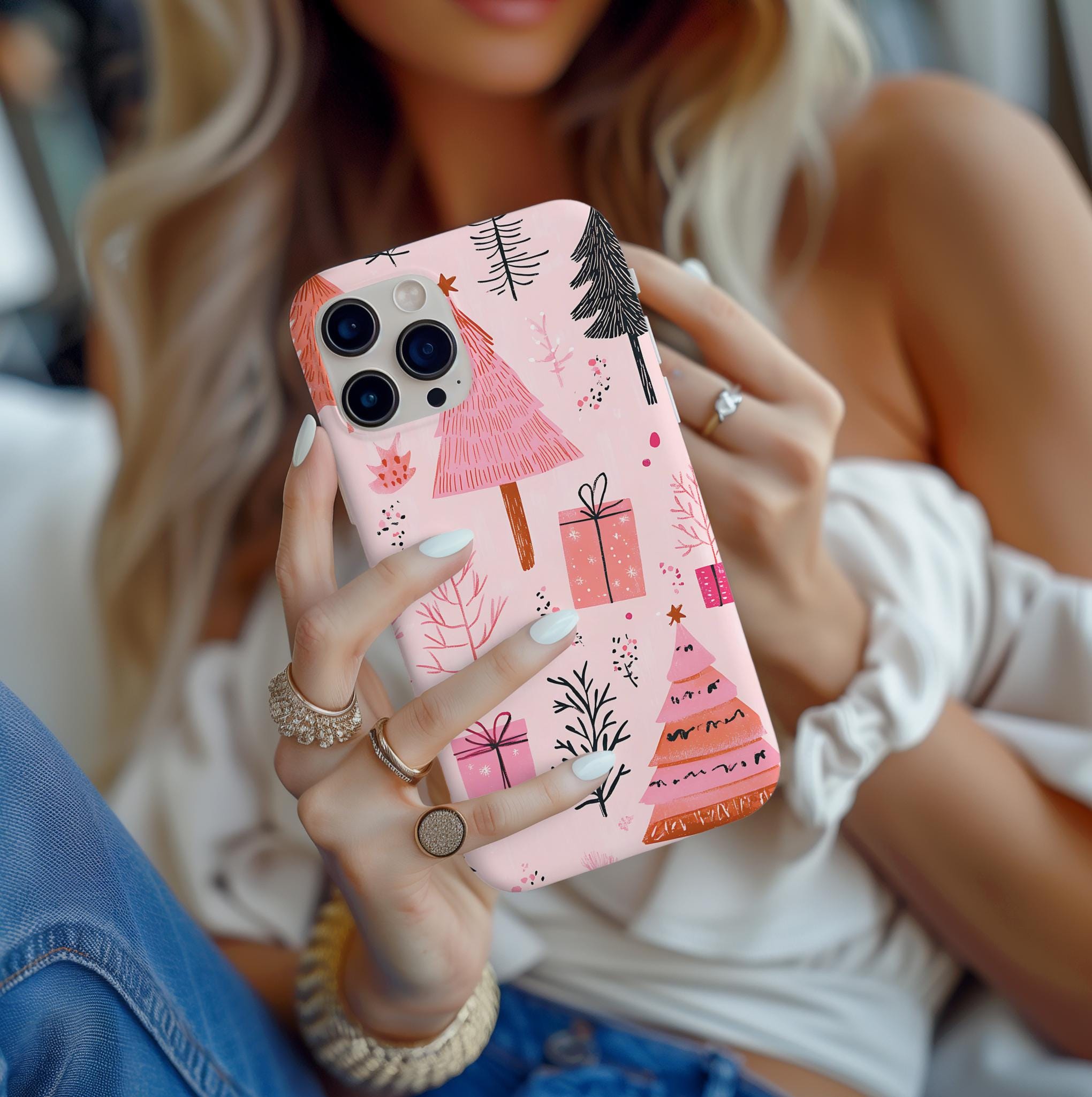 Pink Christmas Tree Phone Case: Chic Holiday Design, iPhone, Galaxy,