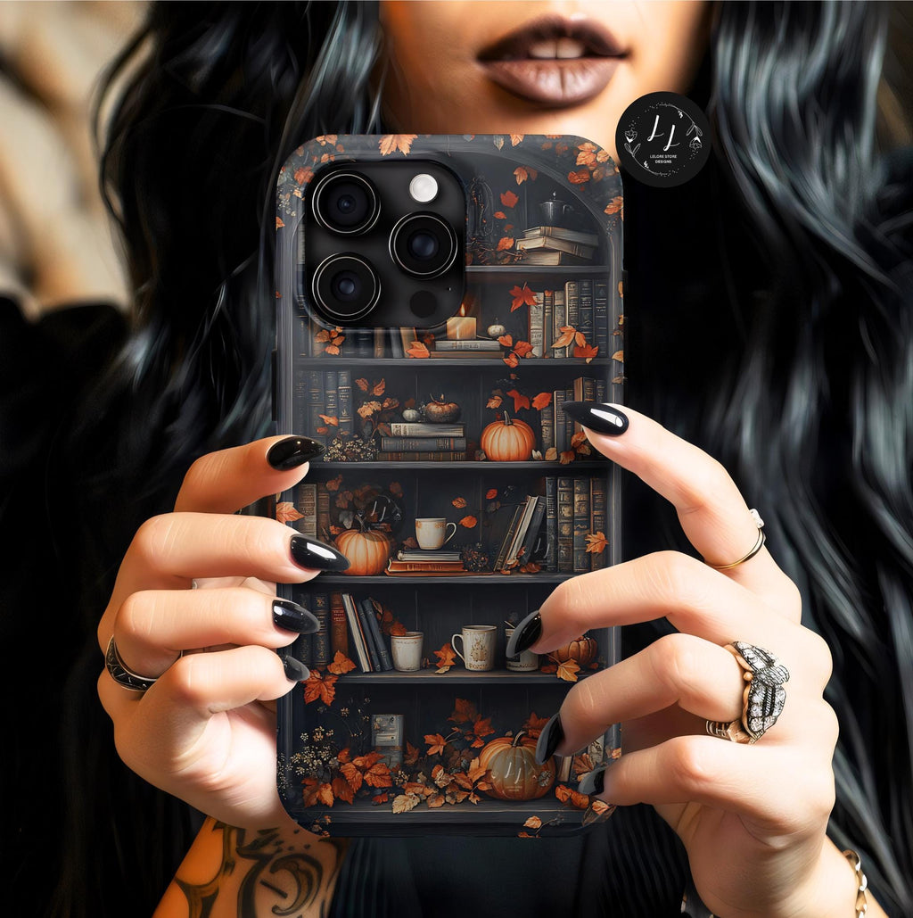 Fall Bookshelf Phone Case: Bookish Pumpkin Library Design Bookcase iPhone  Book Shelf Bookworm Gift