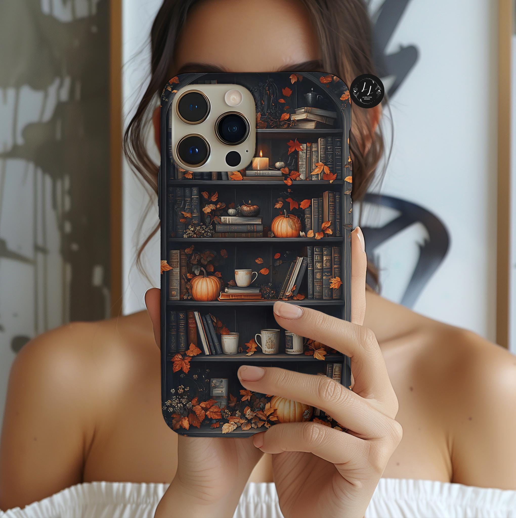 Fall Bookshelf Phone Case: Bookish Pumpkin Library Design Bookcase iPhone  Book Shelf Bookworm Gift