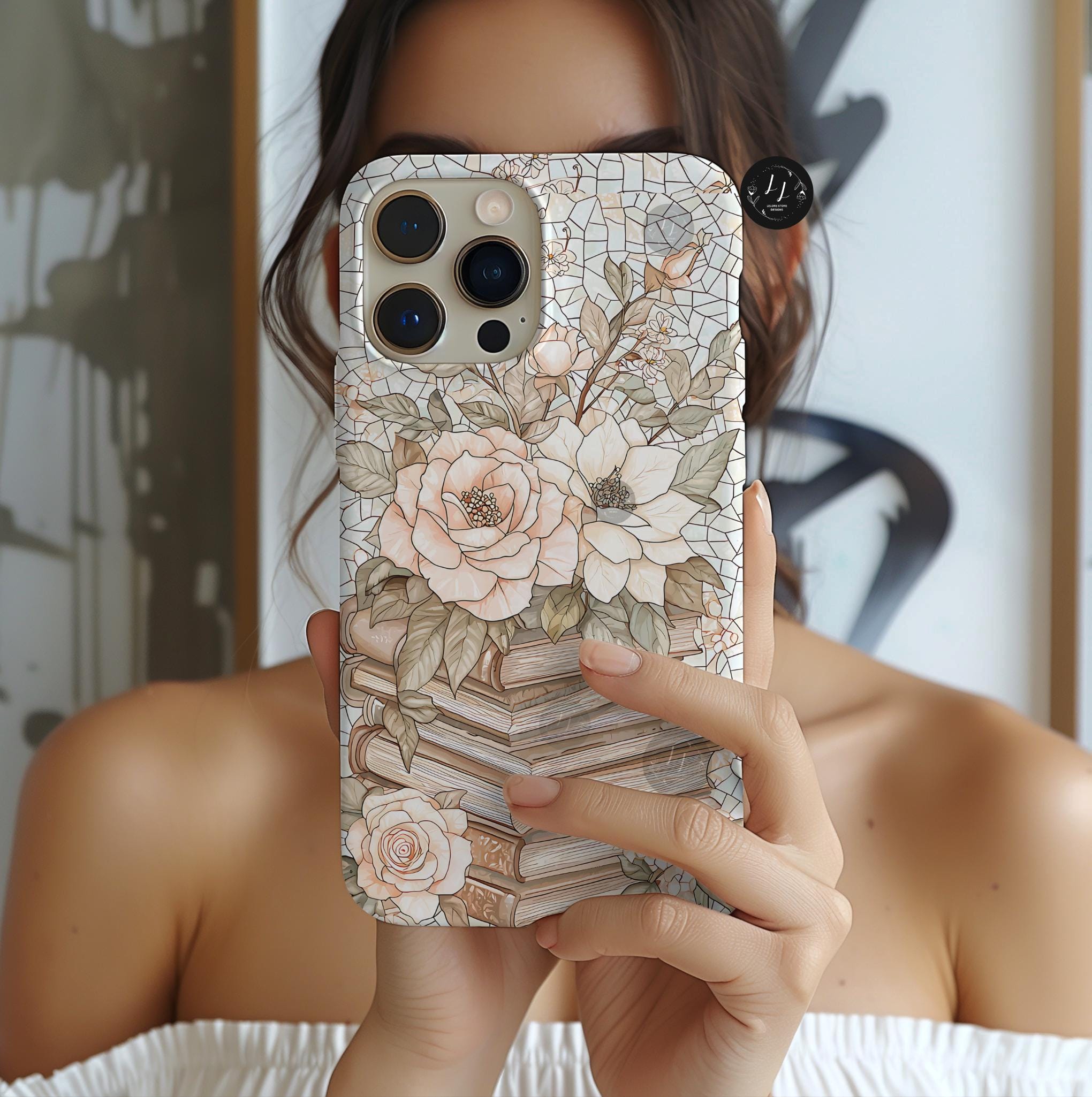 Fall Floral Faux Stained Glass Phone Case: Book Lover Gift