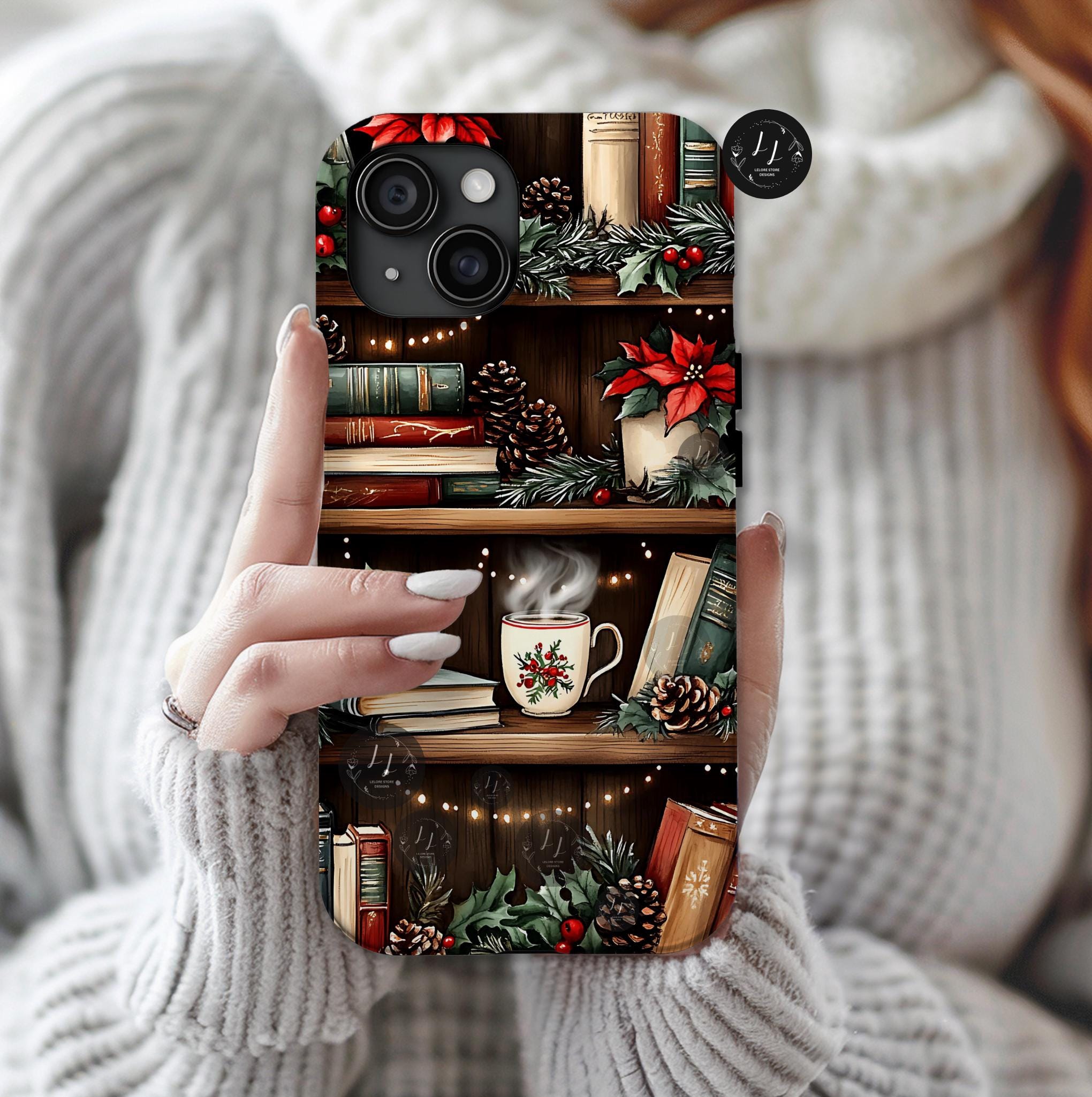 Christmas Bookshelf Phone Case: Festive Holiday Coffee Lover Gift
