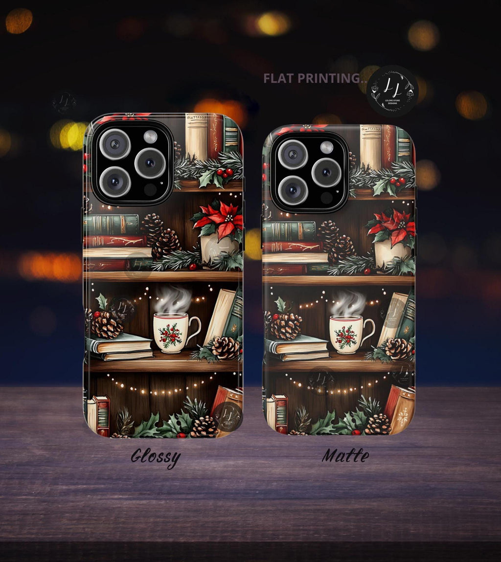 Christmas Bookshelf Phone Case: Festive Holiday Coffee Lover Gift