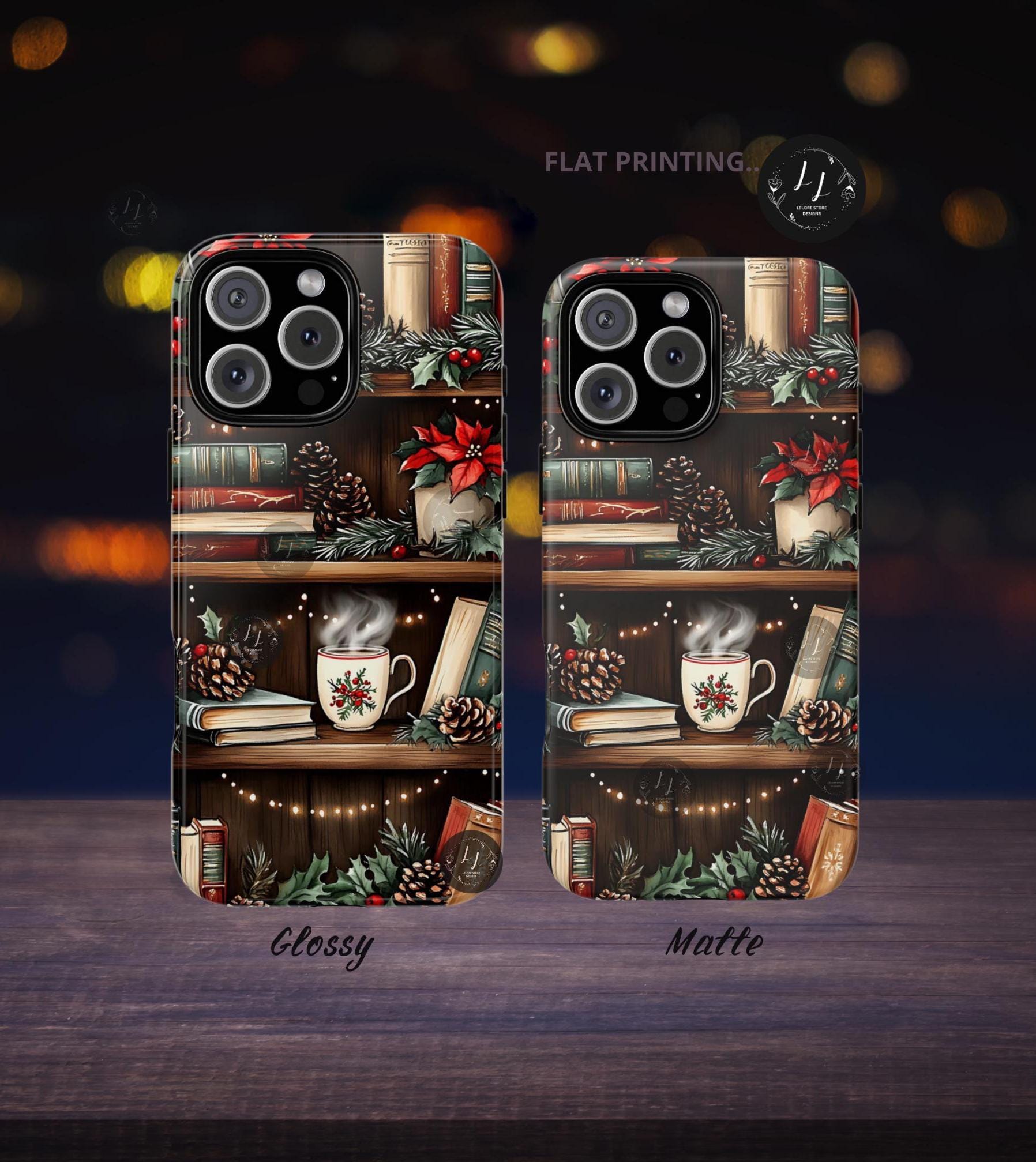 Christmas Bookshelf Phone Case: Festive Holiday Coffee Lover Gift