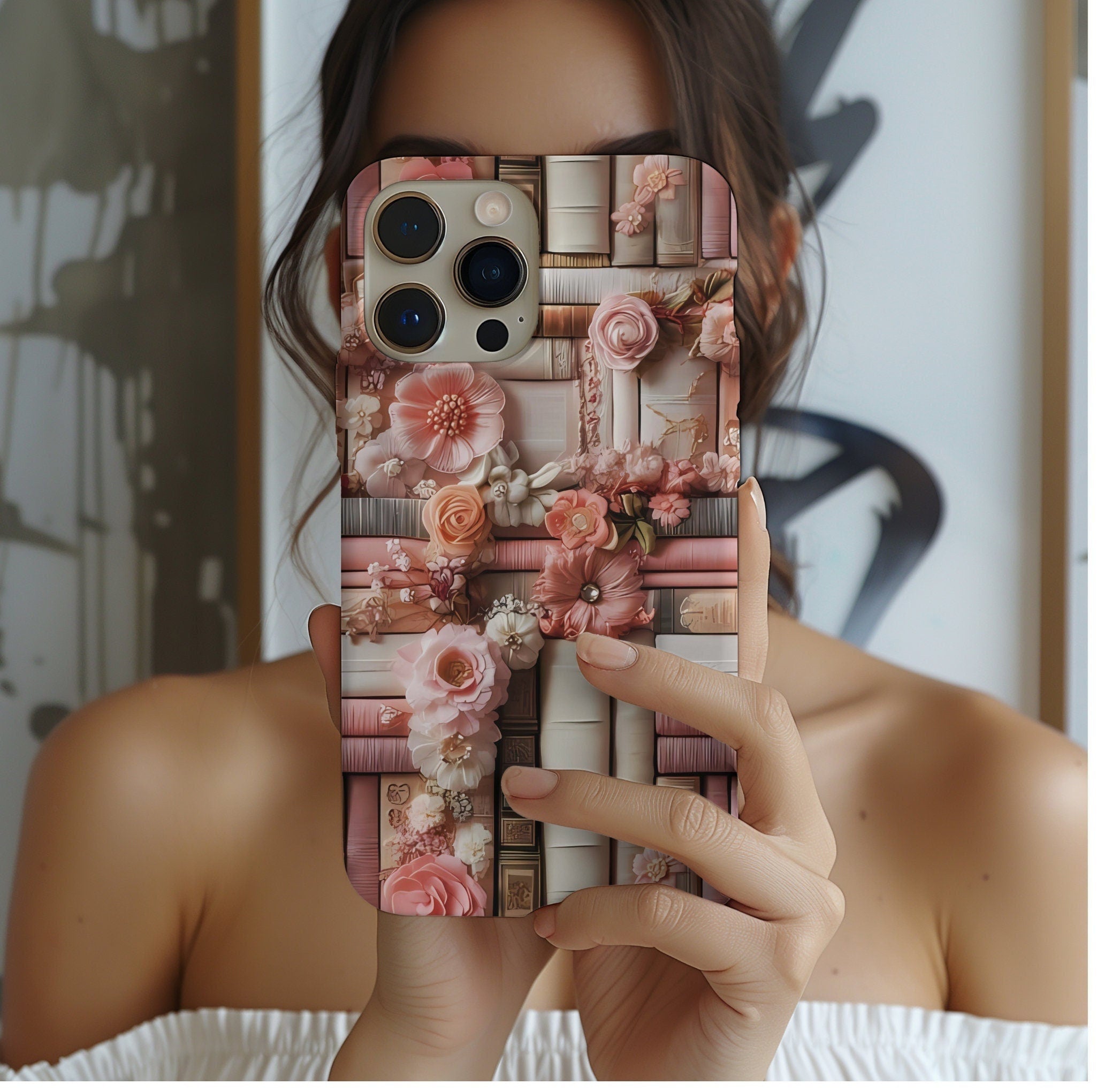 Bookish Phone Case: Pink Floral Bookshelf, Boho Library Cover