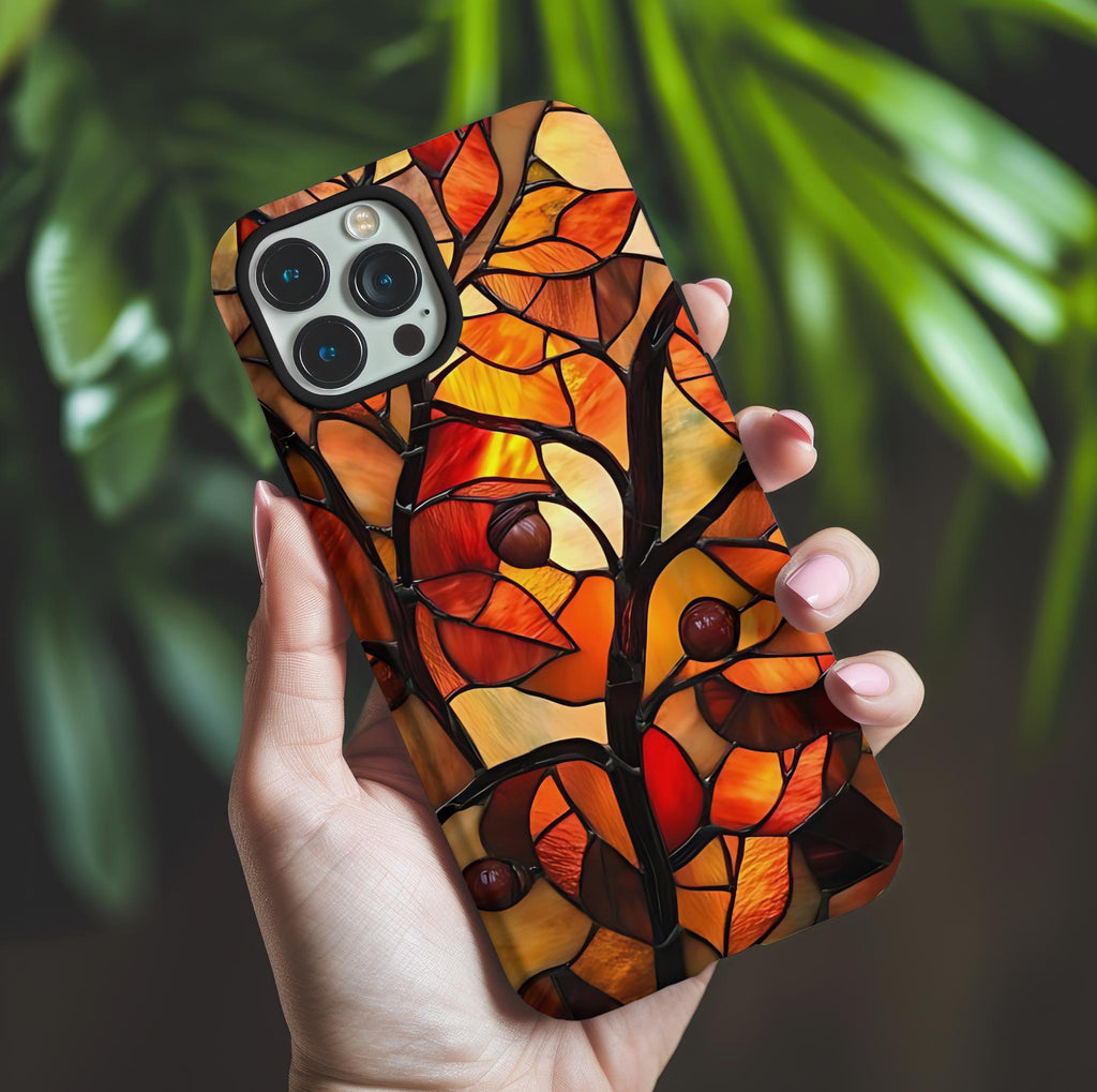 Faux Stained Glass Autumn Leaves Phone Case: Fall Mosaic Cover