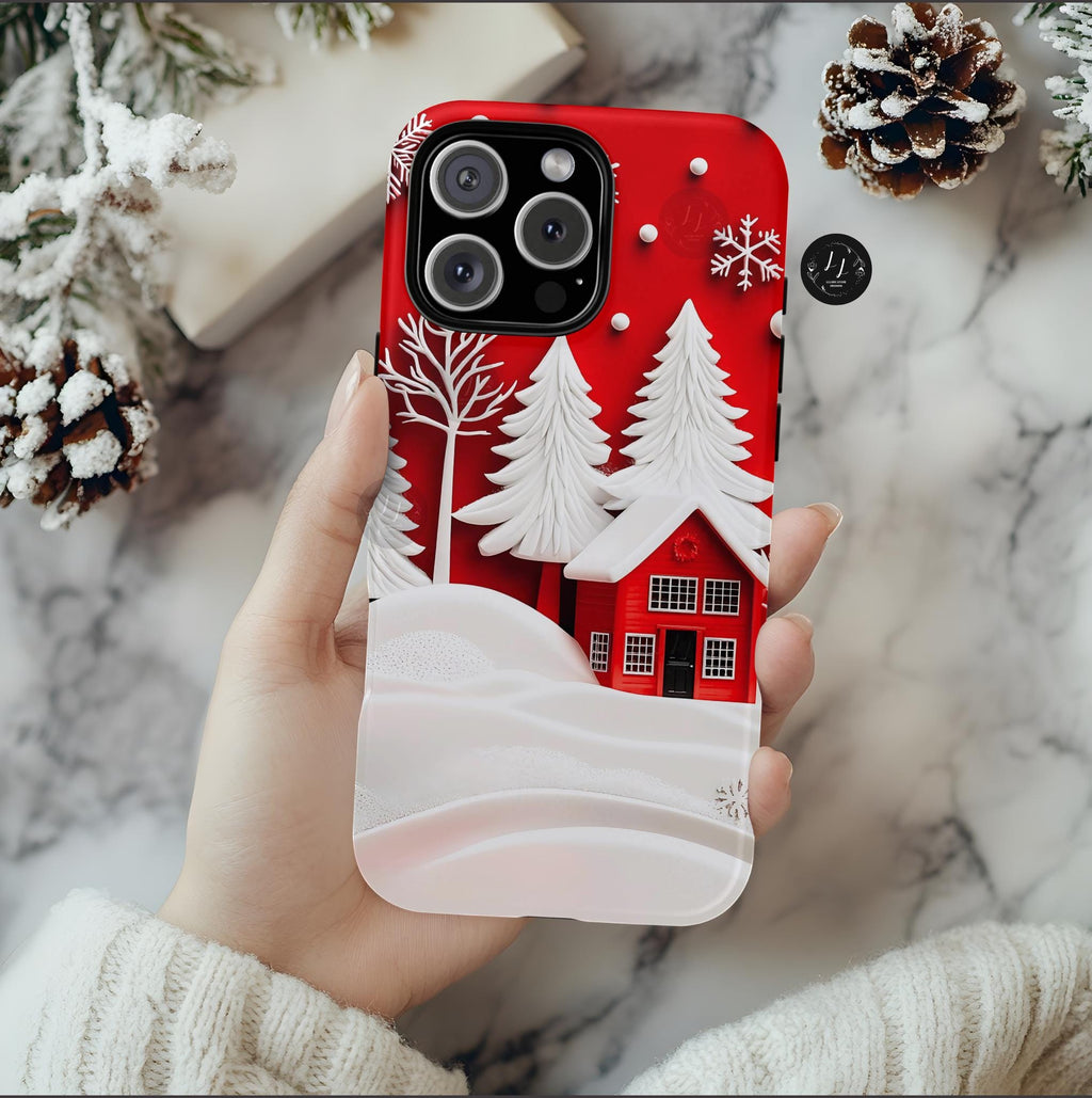 Red Christmas Tree Phone Case: Snowy Holiday Cover