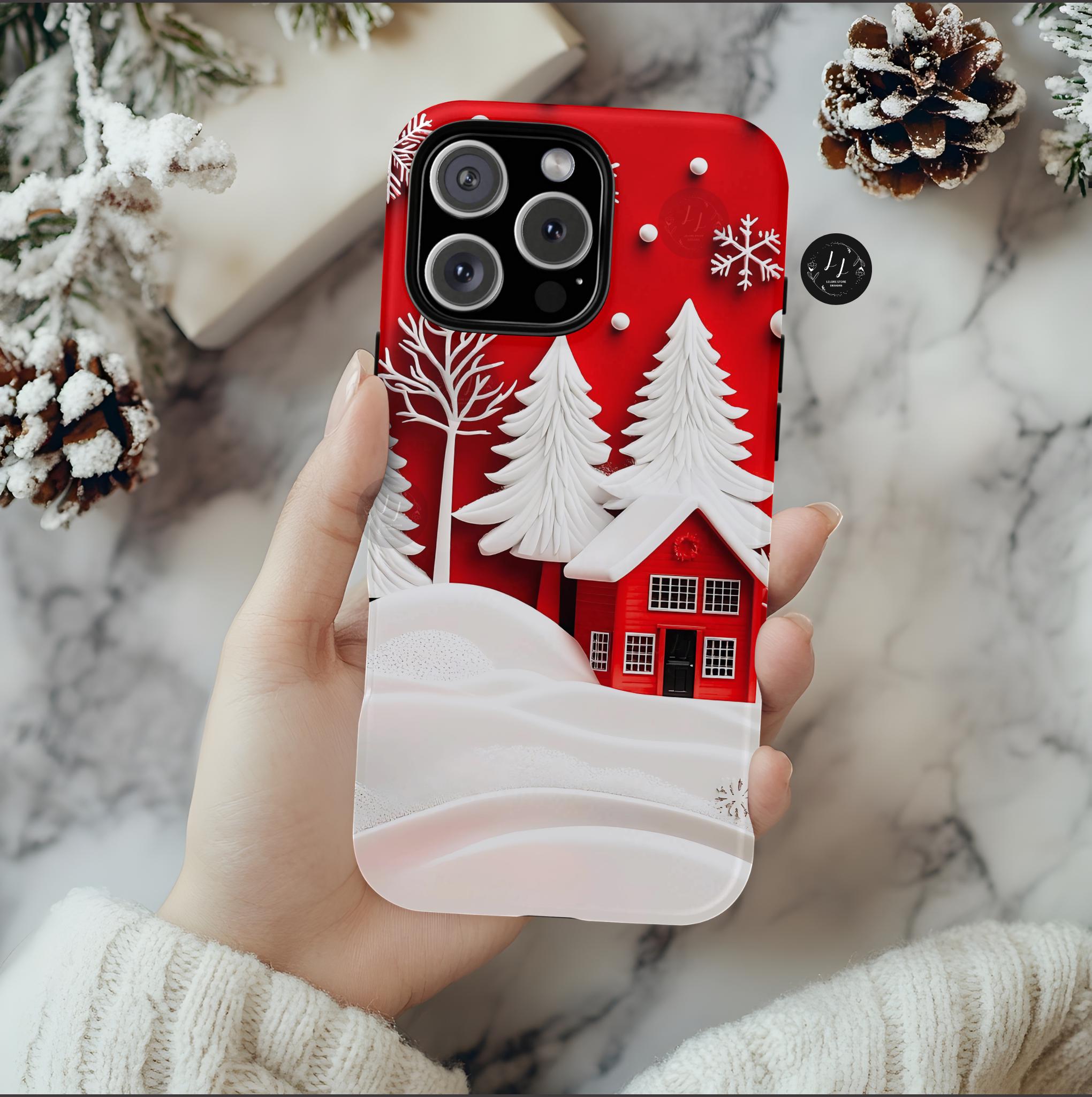 Red and White Christmas Tree Phone Case: Snowy Holiday Cover