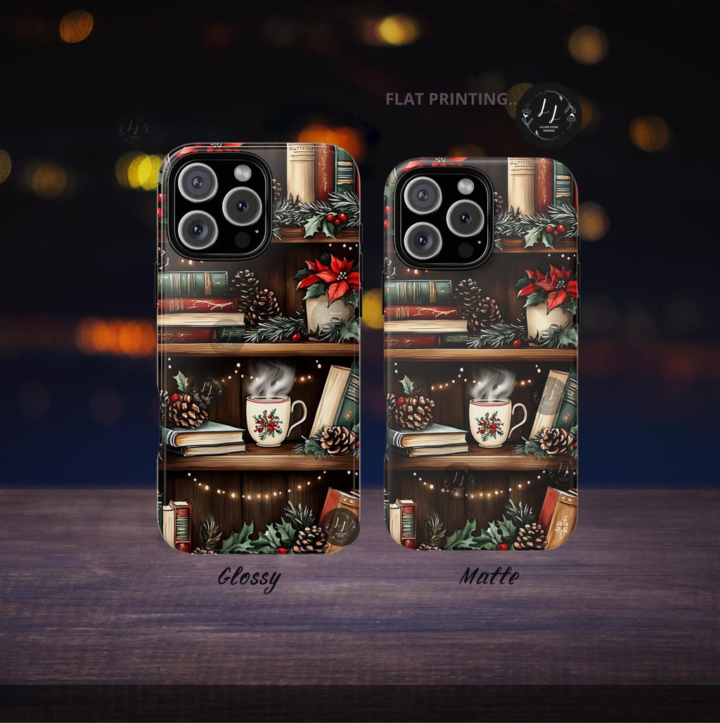 Bookish Christmas Phone Case: Cozy Holiday Bookshelf Design