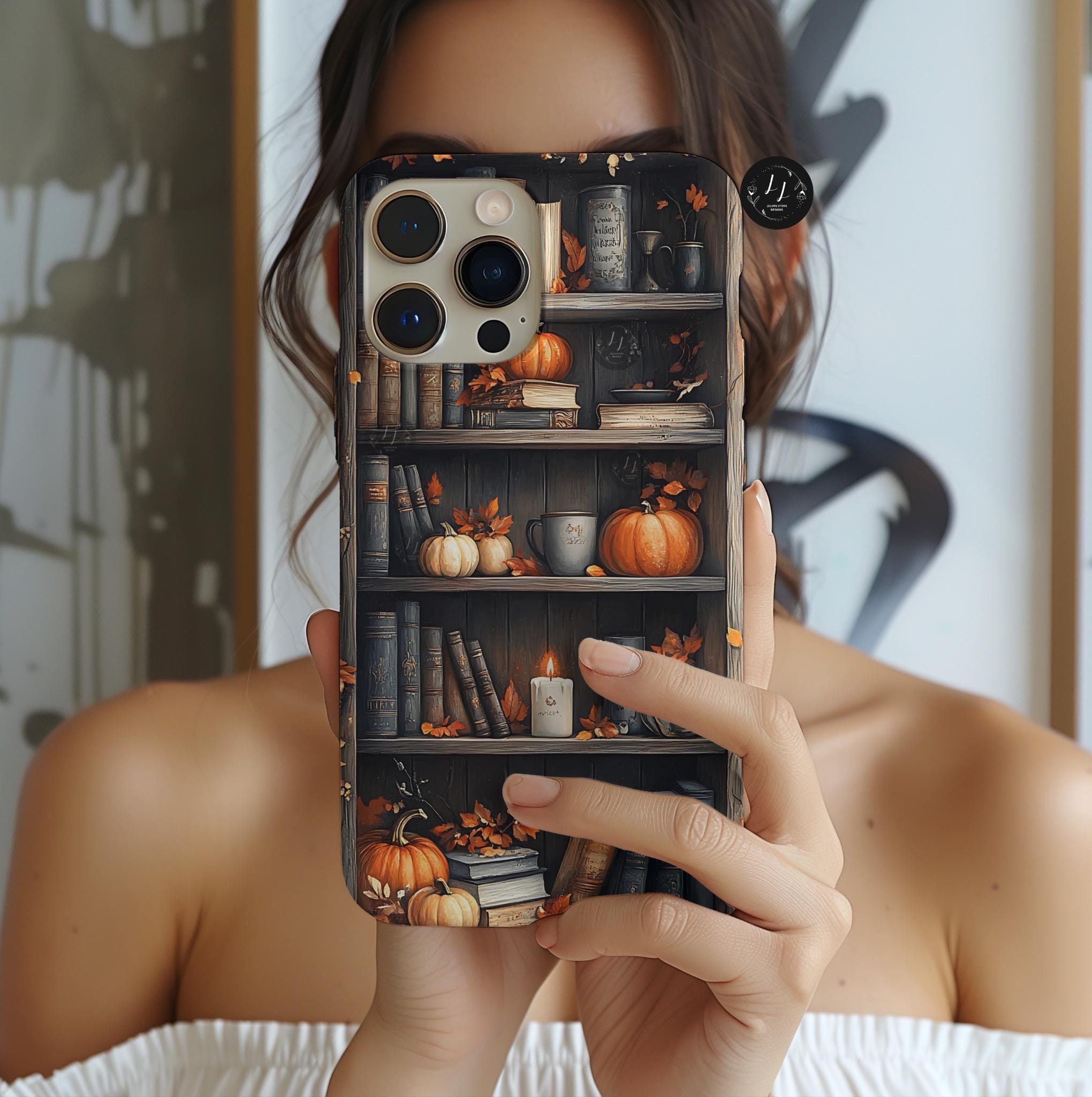 Bookish Pumpkin Fall Phone Case Brown Bookshelf Aesthetic iPhone 16 15 14 Pro Max, Galaxy S25 S24 Ultra, Pixel 9 8 Case  Autumn Gift Idea