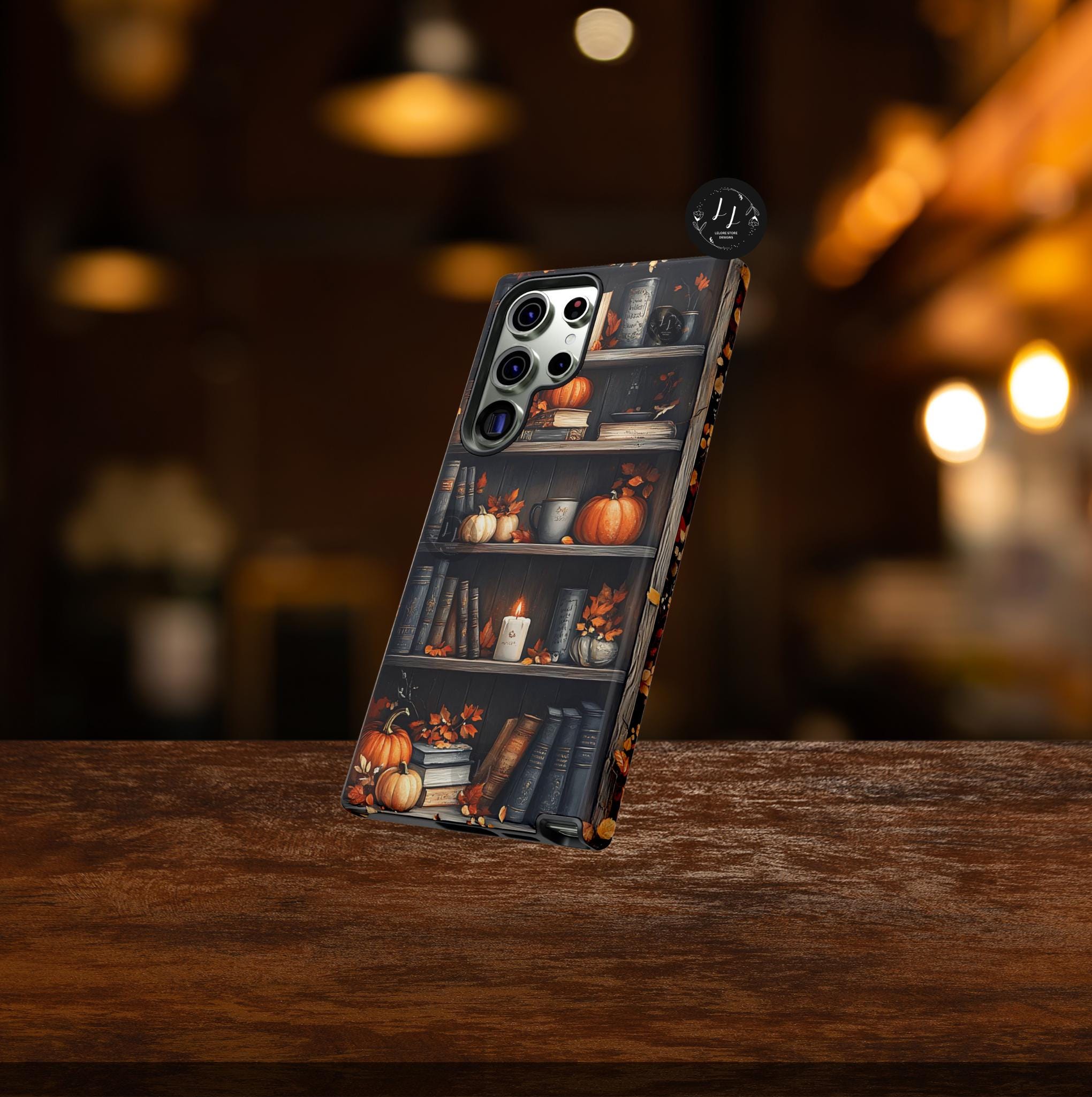 Bookish Pumpkin Fall Phone Case Brown Bookshelf Aesthetic iPhone 16 15 14 Pro Max, Galaxy S25 S24 Ultra, Pixel 9 8 Case  Autumn Gift Idea