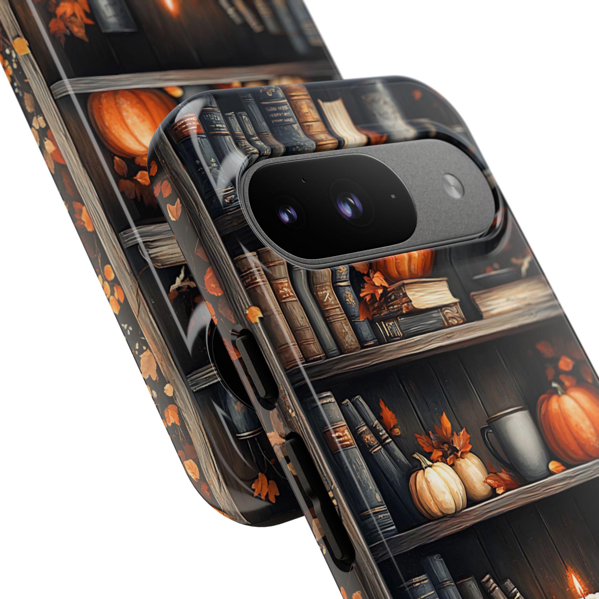 Bookish Pumpkin Fall Phone Case Brown Bookshelf Aesthetic iPhone 16 15 14 Pro Max, Galaxy S25 S24 Ultra, Pixel 9 8 Case  Autumn Gift Idea