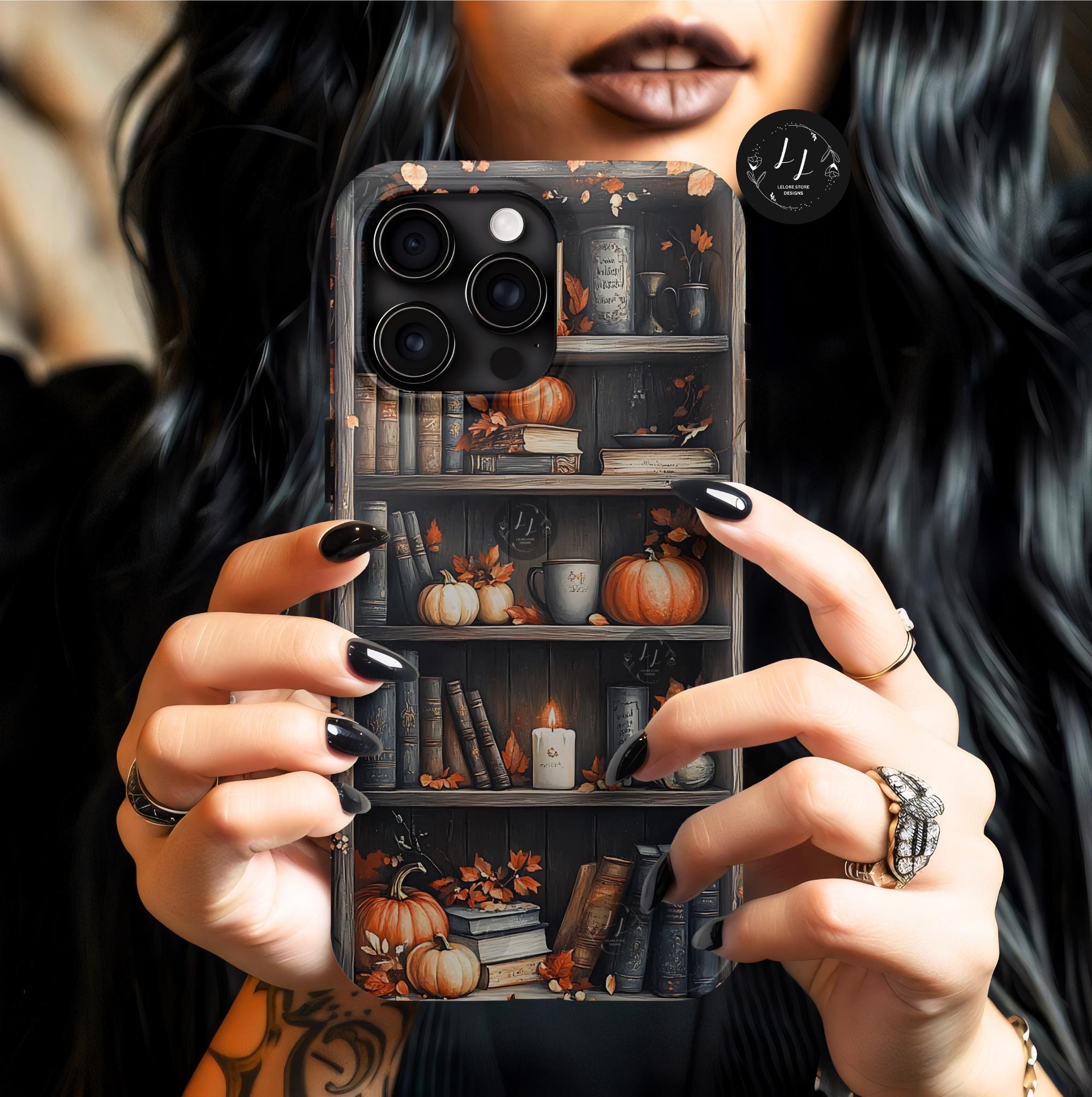 Bookish Pumpkin Fall Phone Case Brown Bookshelf Aesthetic iPhone 16 15 14 Pro Max, Galaxy S25 S24 Ultra, Pixel 9 8 Case  Autumn Gift Idea