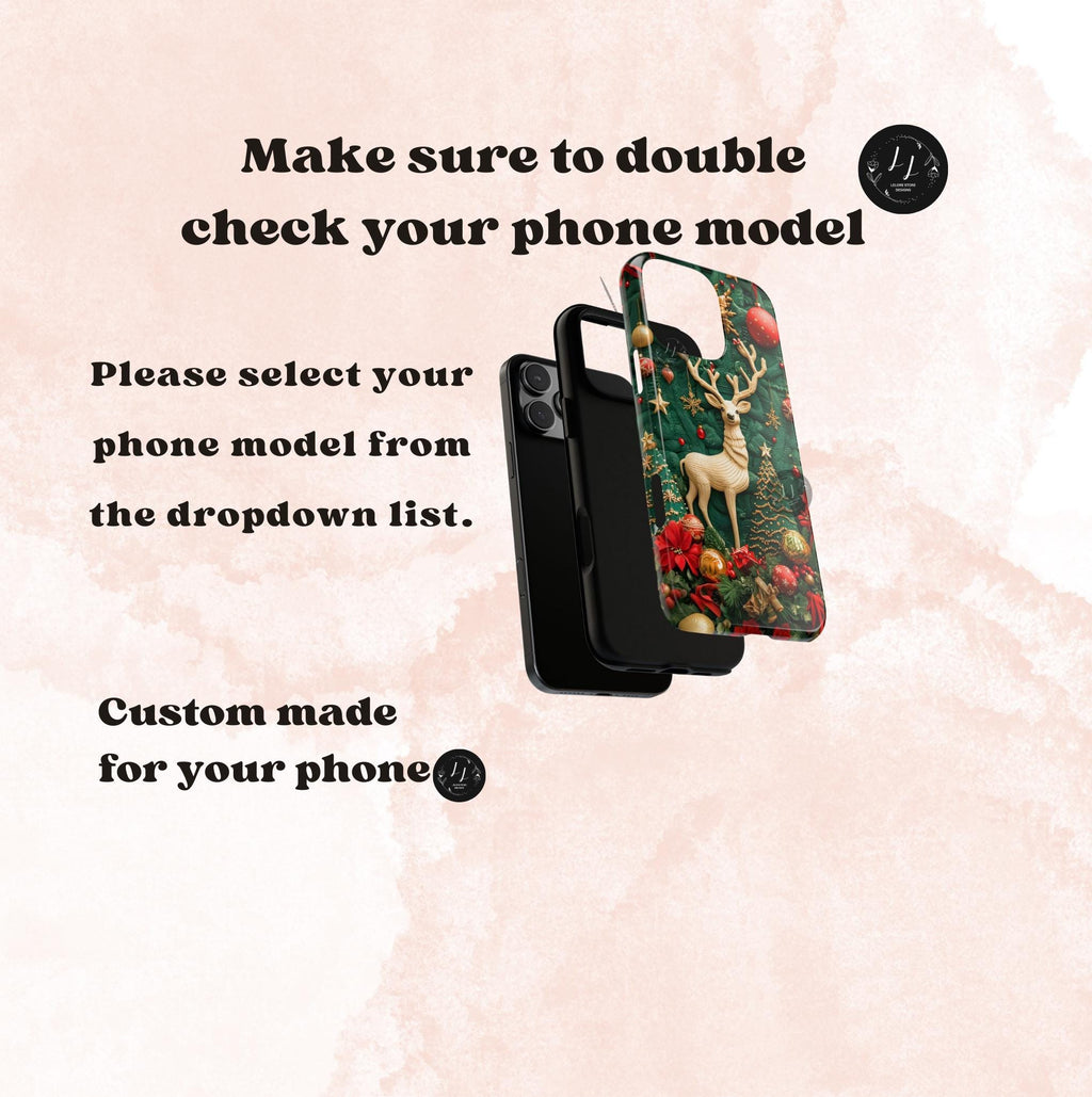 Christmas Reindeer Phone Case: Faux Embroidered Winter Green Design Unique iPhone, Galaxy and pixel