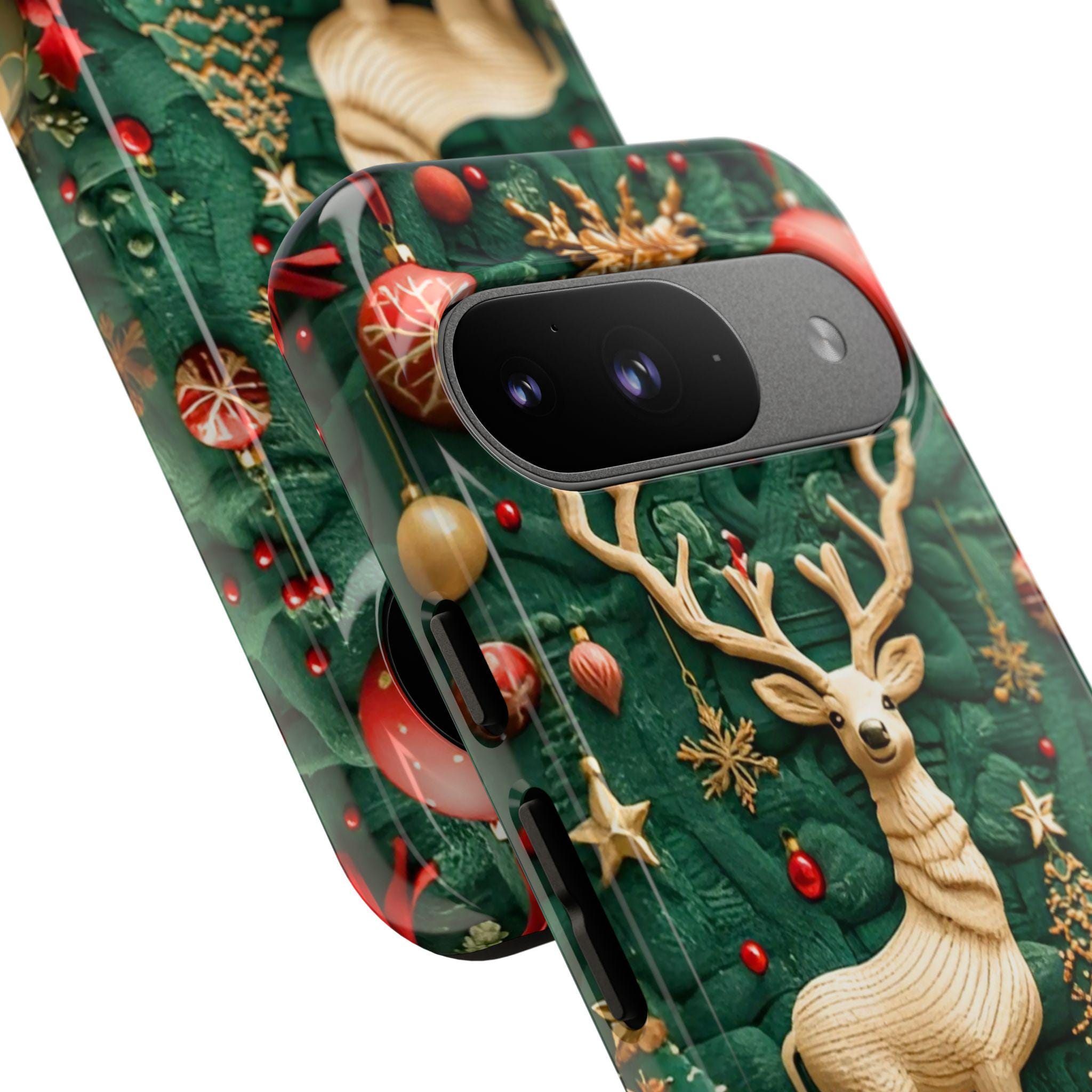 Christmas Reindeer Phone Case: Faux Embroidered Winter Green Design Unique iPhone, Galaxy and pixel