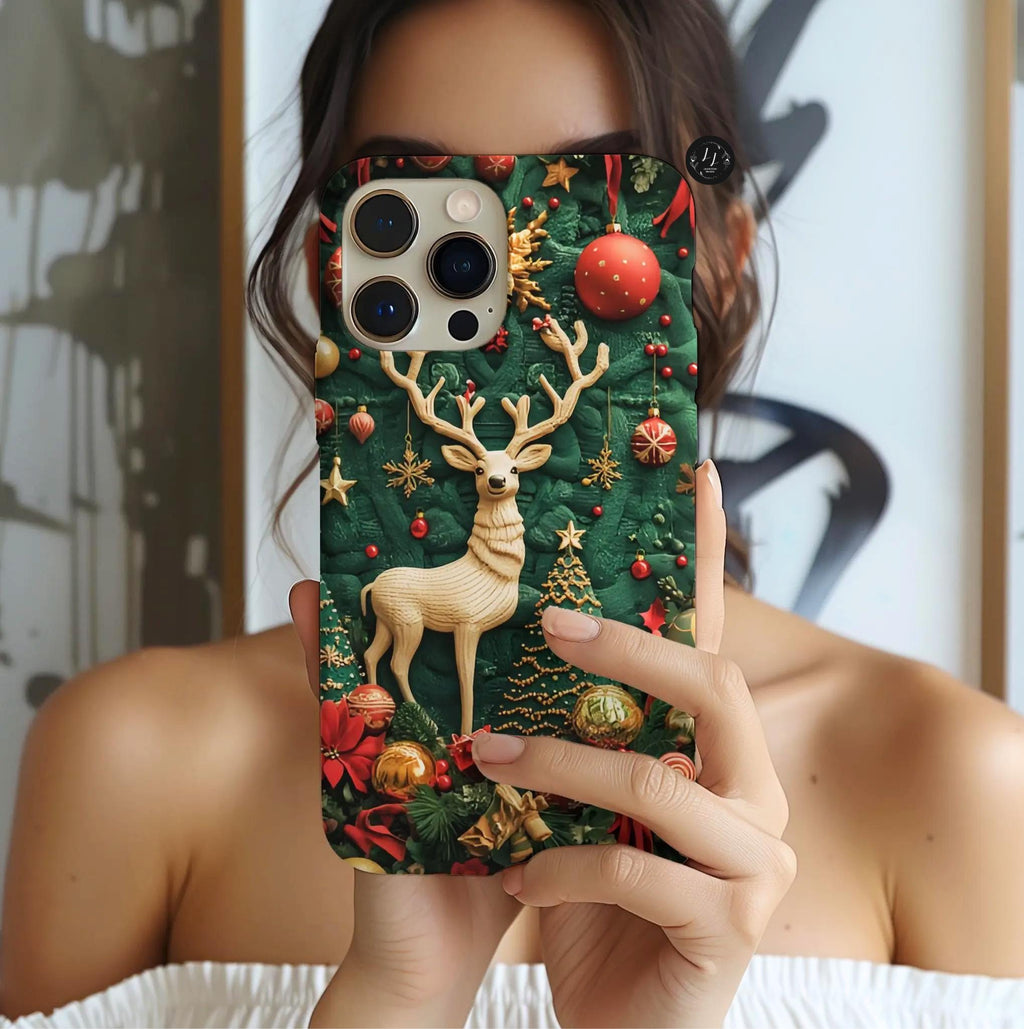 Christmas Reindeer Phone Case: Faux Embroidered Winter Green Design Unique iPhone, Galaxy and pixel