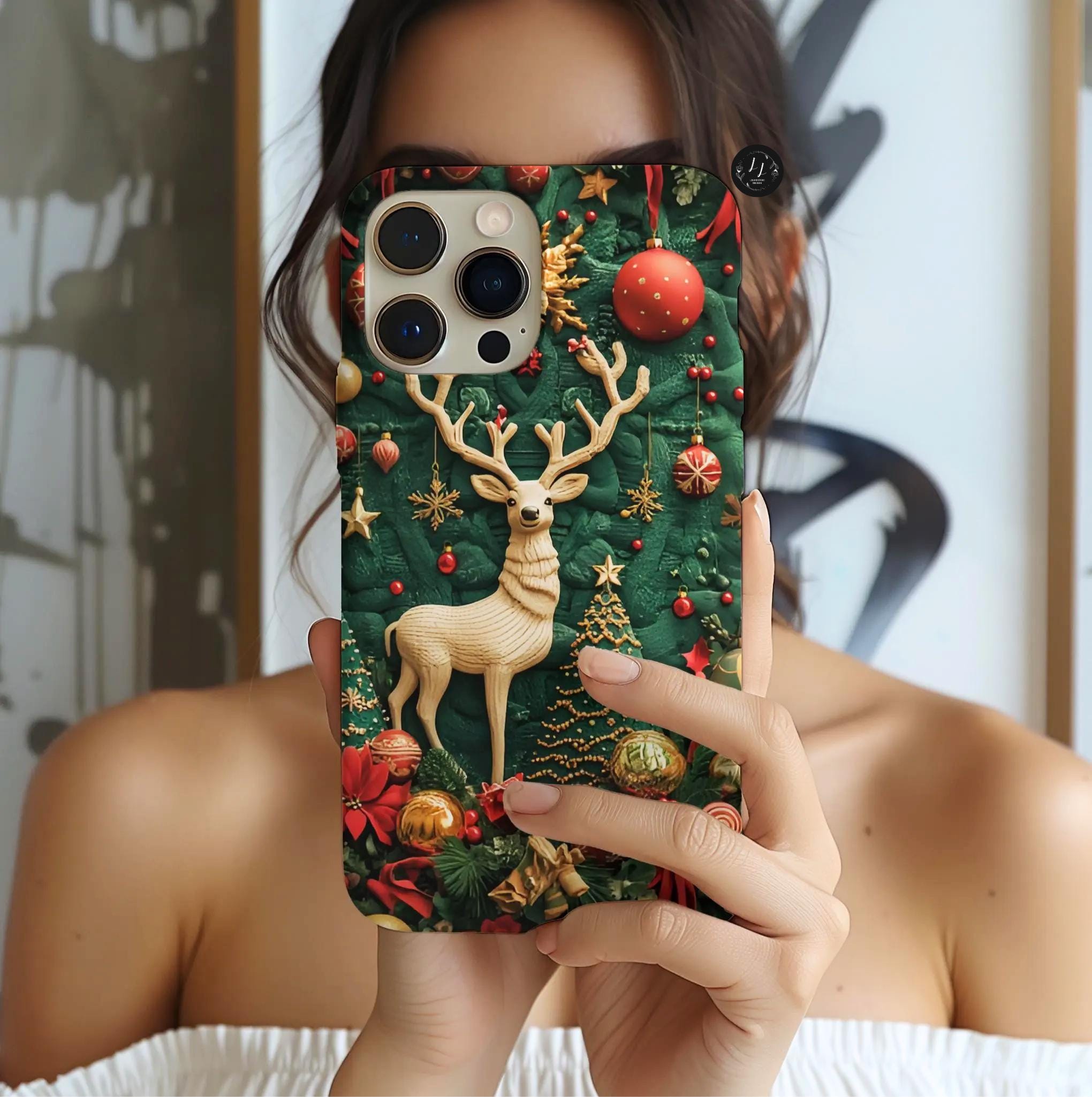 Christmas Reindeer Phone Case: Faux Embroidered Winter Green Design Unique iPhone, Galaxy and pixel
