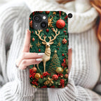 Christmas Reindeer Phone Case: Faux Embroidered Winter Green Design Unique iPhone, Galaxy and pixel