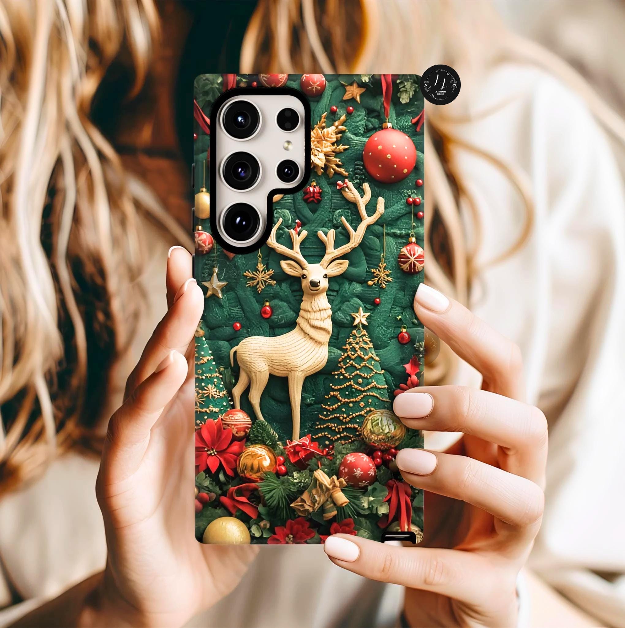 Christmas Reindeer Phone Case: Faux Embroidered Winter Green Design Unique iPhone, Galaxy and pixel