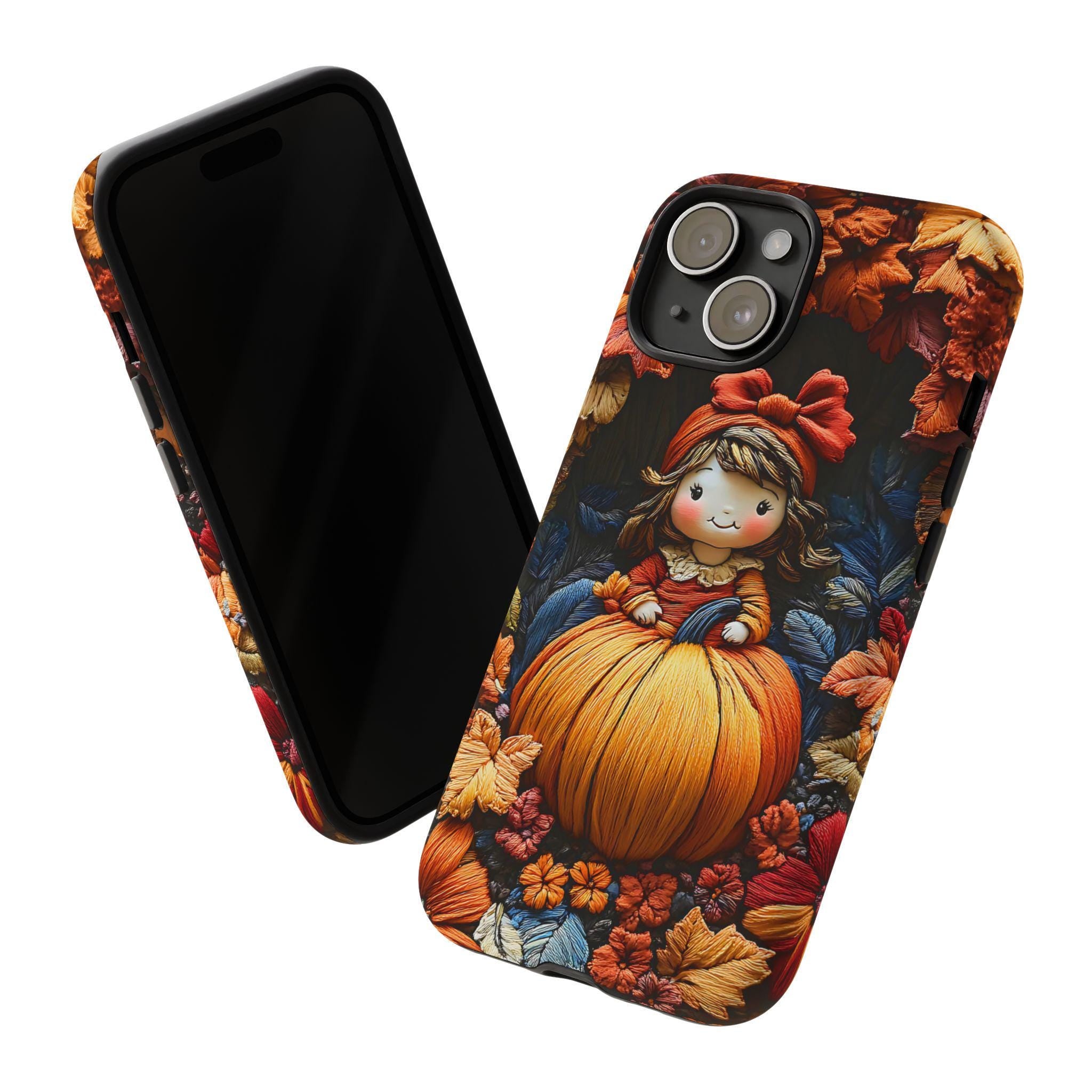 Autumn Girl and Pumpkin Phone Case, Embroidered Effect Fall iPhone Galaxy Pixel covers