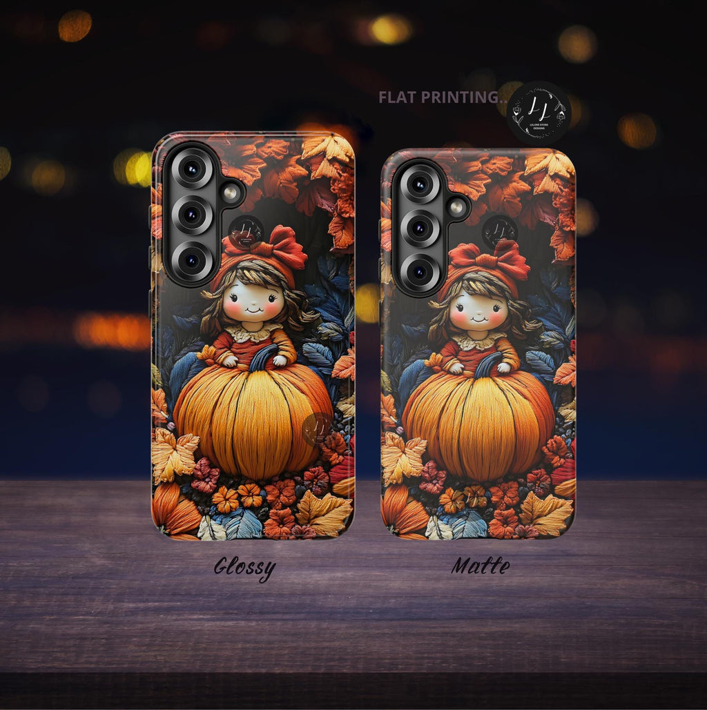 Autumn Girl and Pumpkin Phone Case, Embroidered Effect Fall iPhone Galaxy Pixel covers