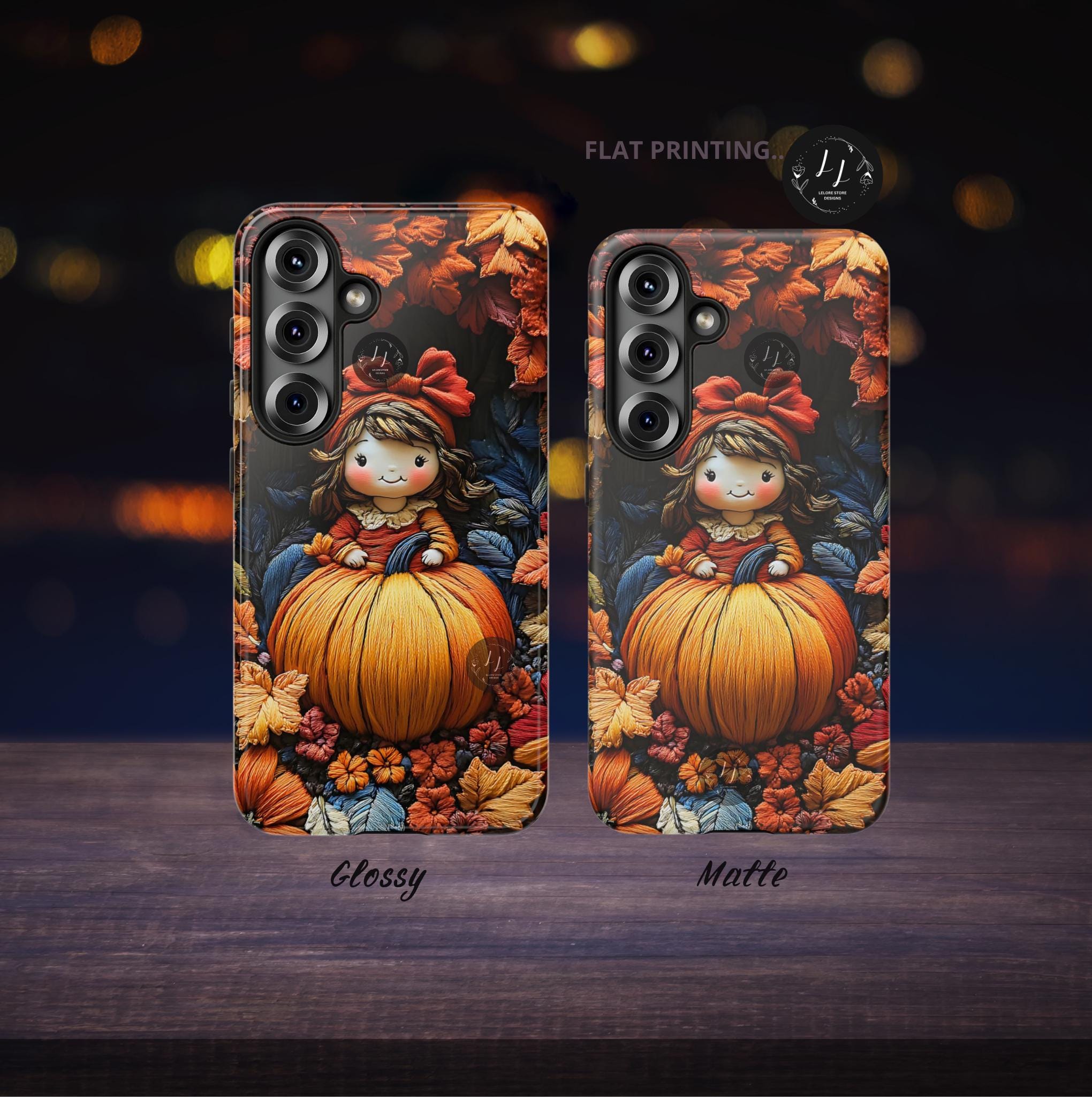Autumn Girl and Pumpkin Phone Case, Embroidered Effect Fall iPhone Galaxy Pixel covers