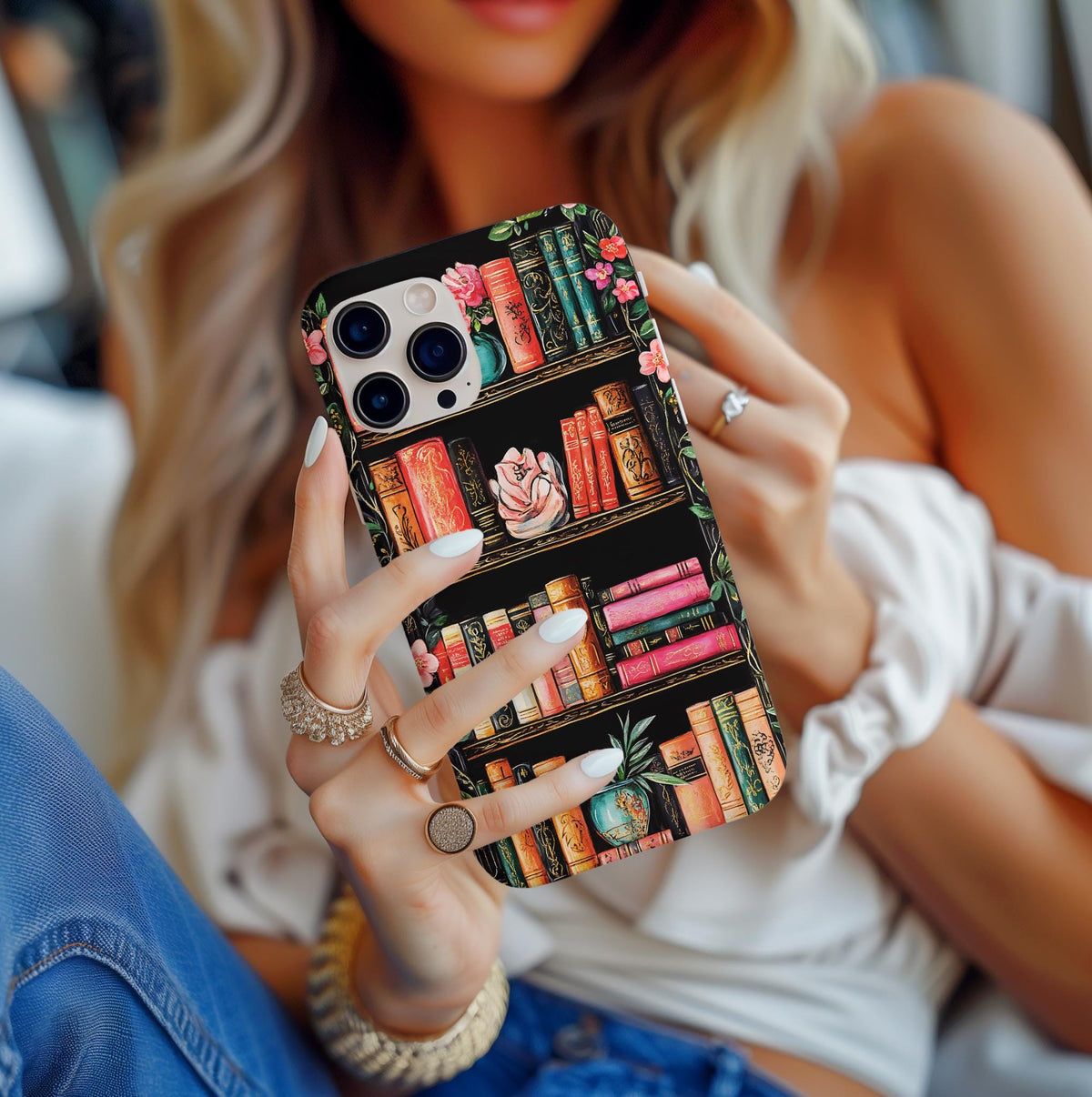 Floral Bookshelf Phone Case: Vintage Bookish Boho Reader Gift, Literary cover, iPhone, Galaxy, Pixel