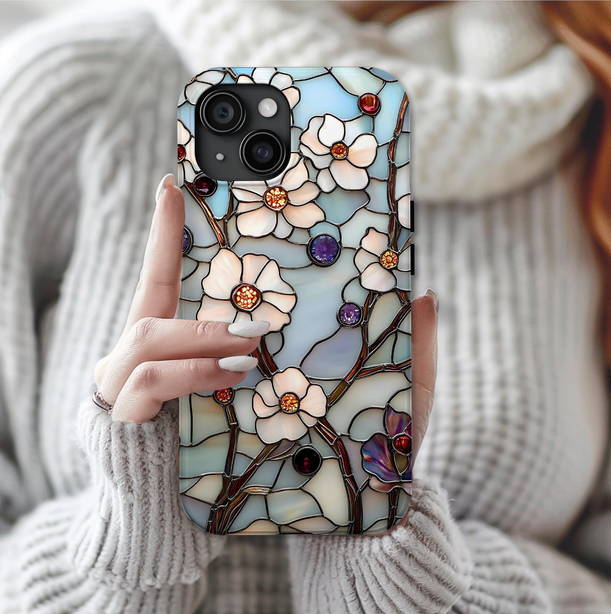 Floral Faux Stained Glass Phone Case: Romantic Wildflowers