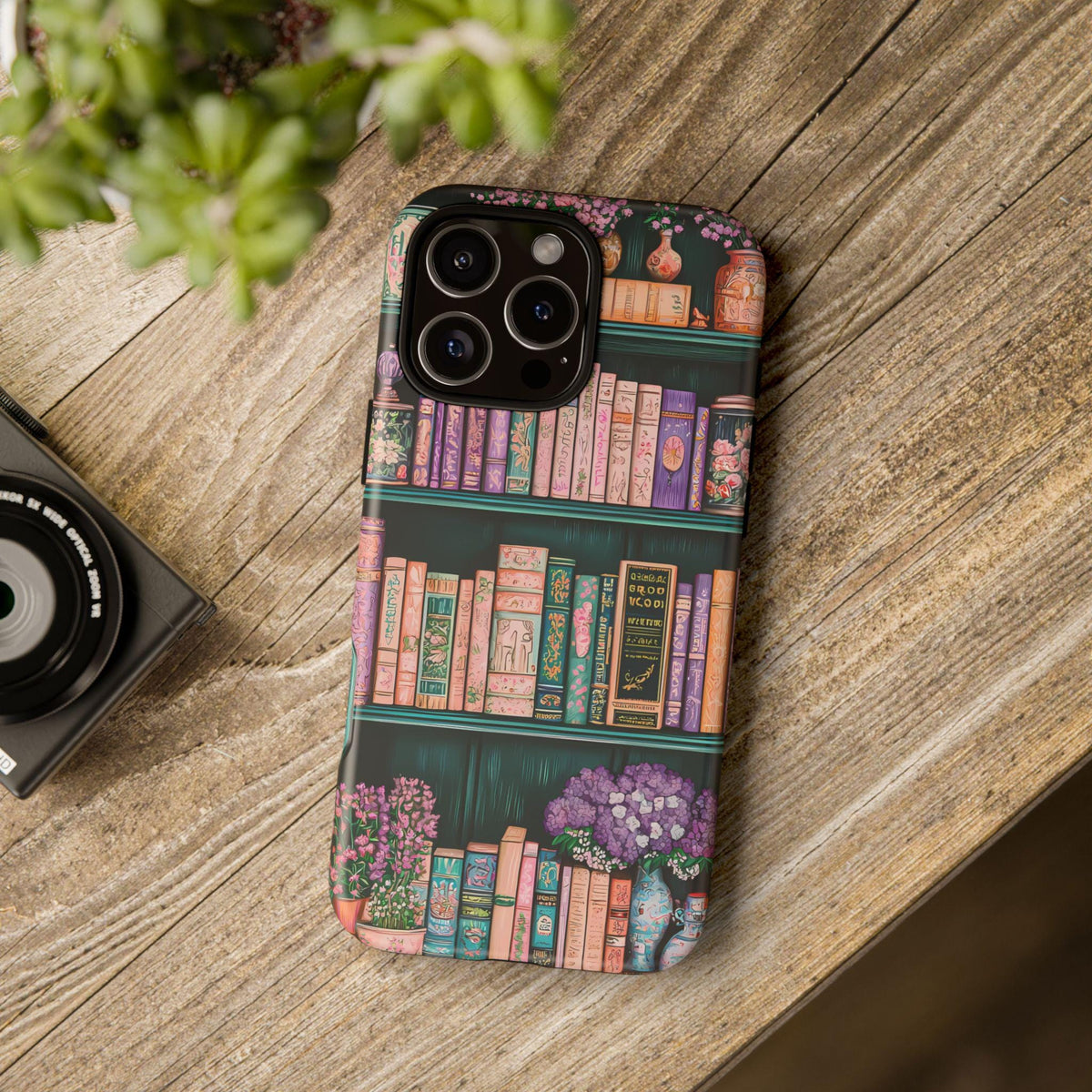 Green Floral Bookshelf Phone Case: Vintage Book Lover Gift iPhone, Galaxy Pixel