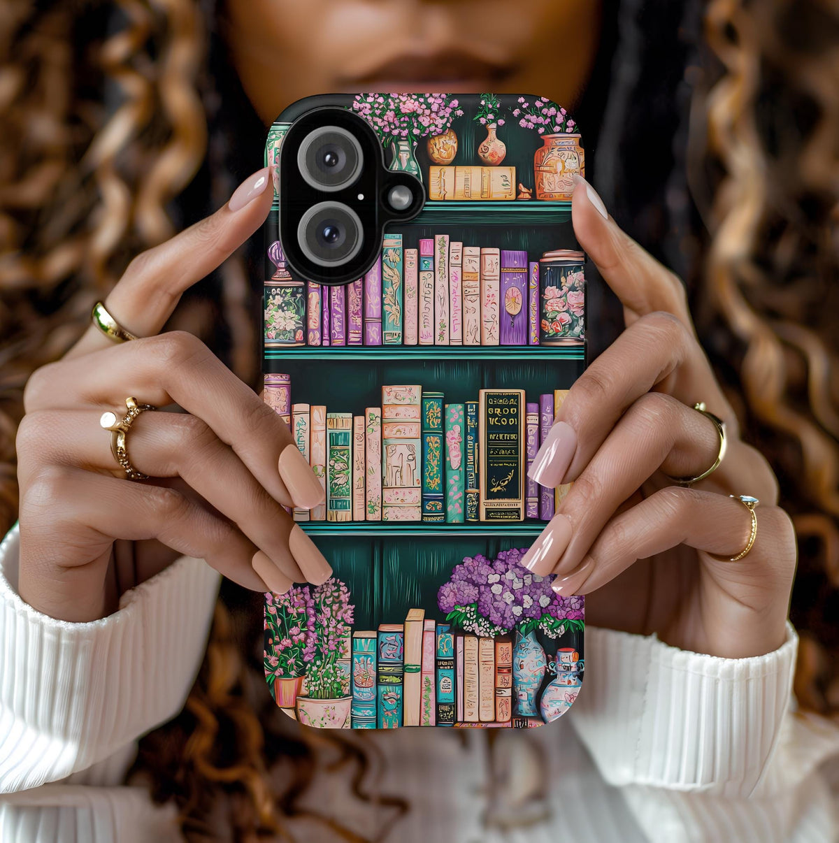 Green Floral Bookshelf Phone Case: Vintage Book Lover Gift iPhone, Galaxy Pixel