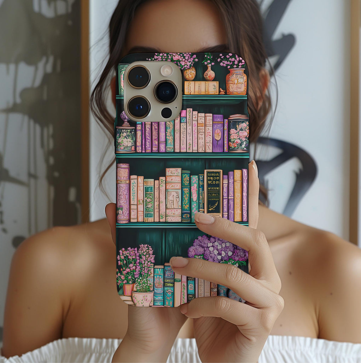 Green Floral Bookshelf Phone Case: Vintage Book Lover Gift iPhone, Galaxy Pixel