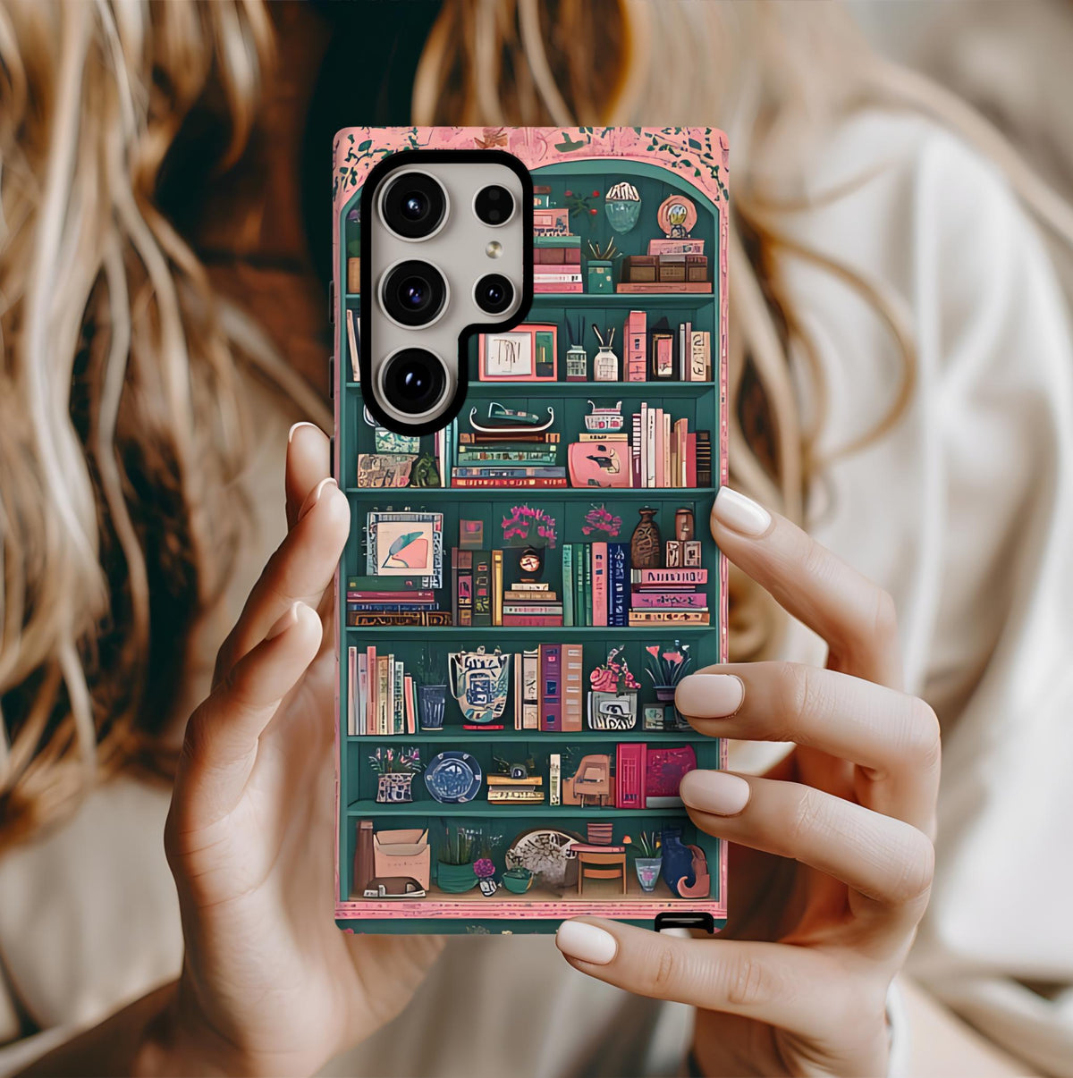 Floral Bookshelf Phone Case: Vintage Book Lover Gift  Bookish Flower iPhone, Galaxy, Pixel