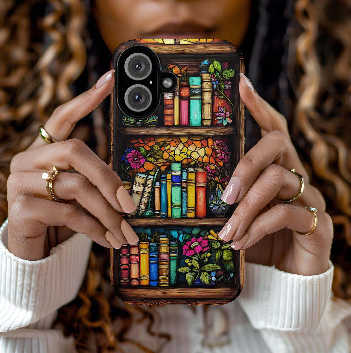 Floral Stained Glass Bookshelf Phone Case: Book Lover Gift Librarian iPhone galaxy pixel cover