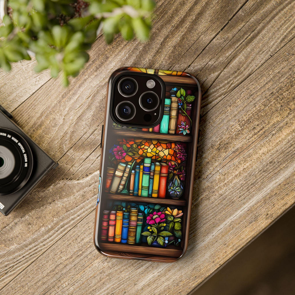 Floral Stained Glass Bookshelf Phone Case: Book Lover Gift Librarian iPhone galaxy pixel cover