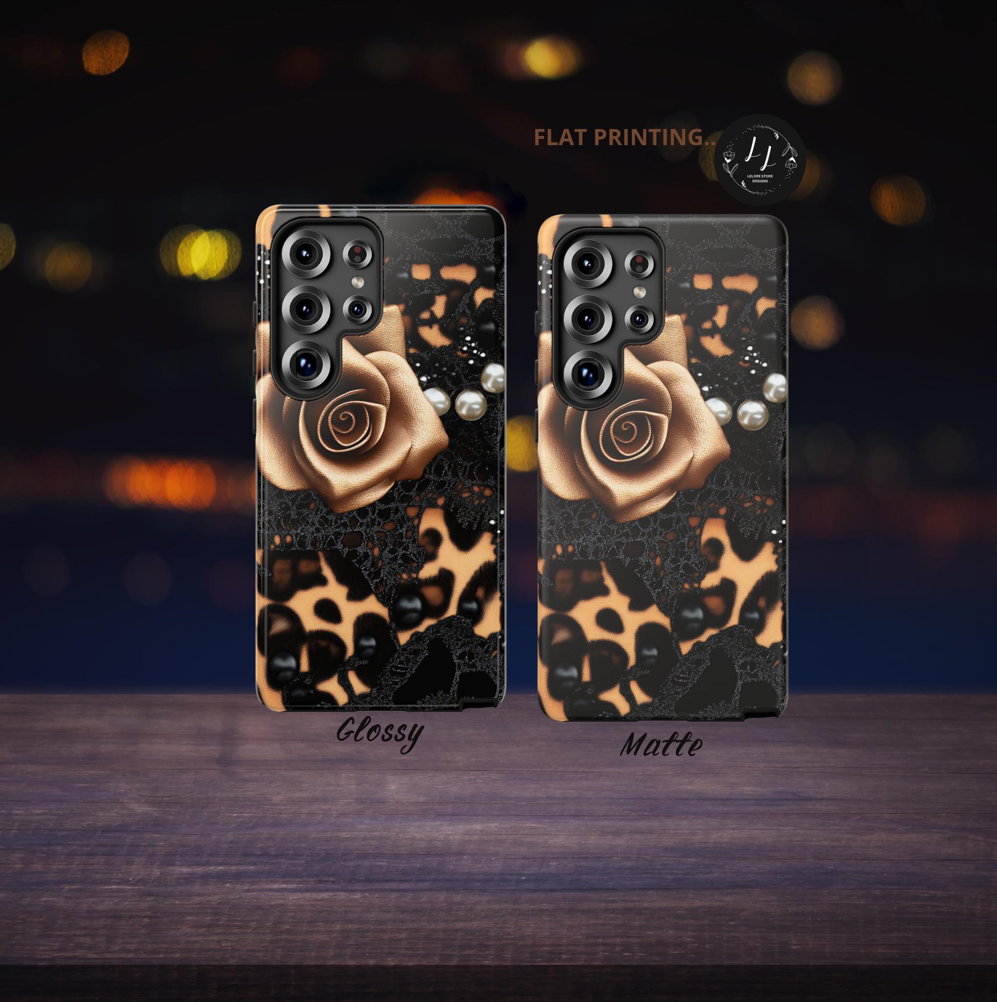 Bling Glam Leopard Print Phone Case: Black & Brown Tones  iPhone , Samsung Pixel Women gift