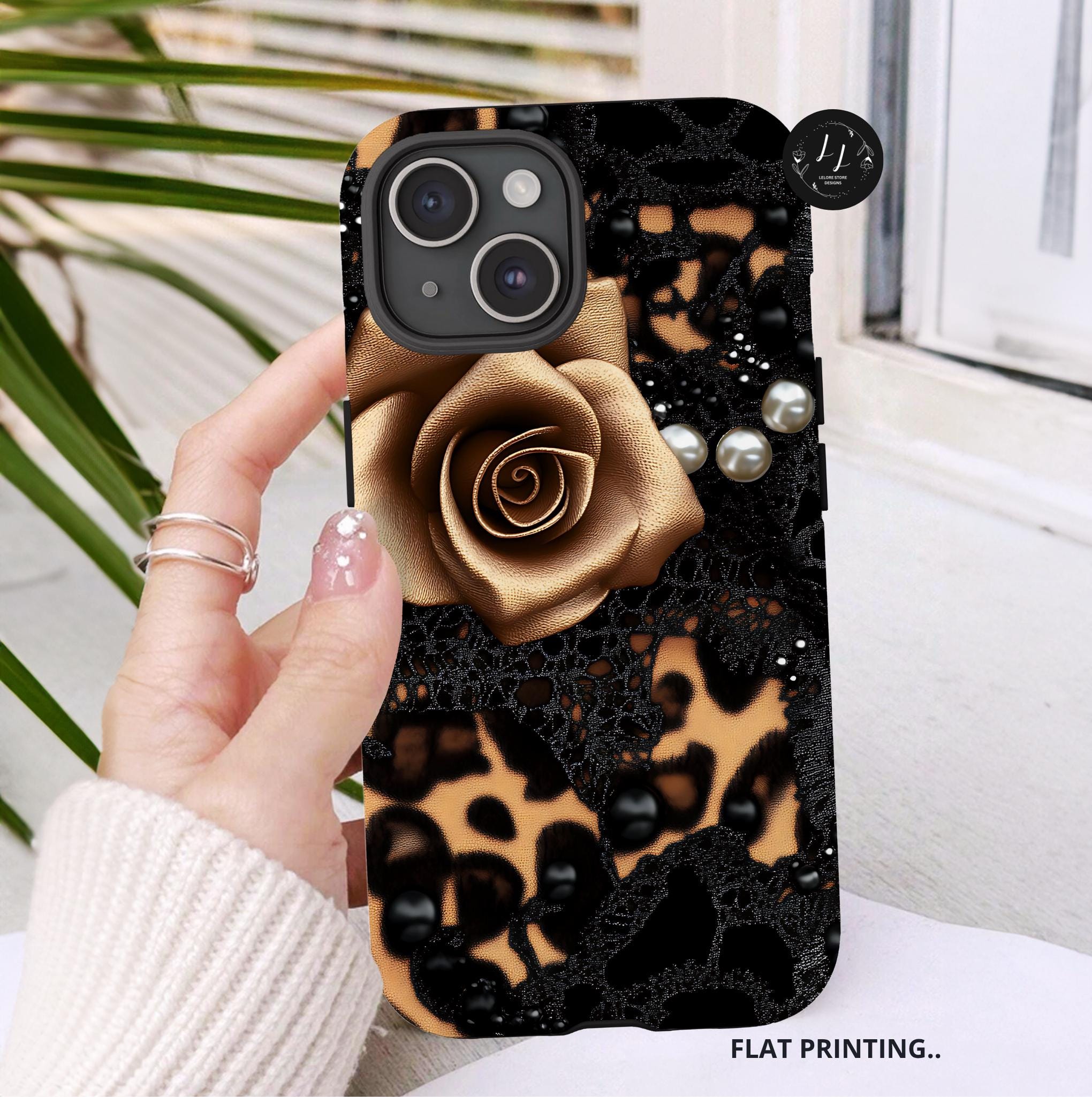 Bling Glam Leopard Print Phone Case: Black & Brown Tones  iPhone , Samsung Pixel Women gift