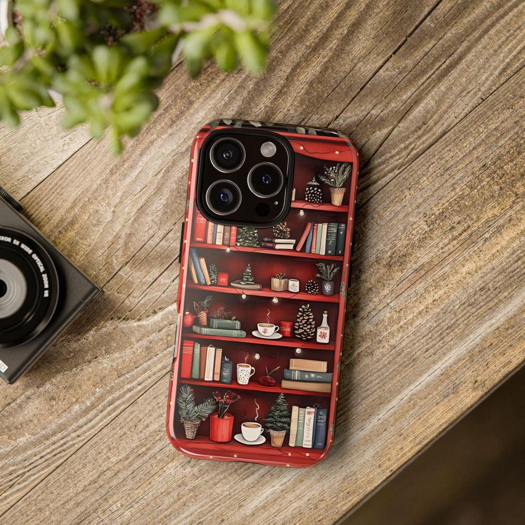 Bookish Christmas Phone Case: Holiday Library Bookshelf Design Book Lovers Gift, iPhone Galaxy, Pixel