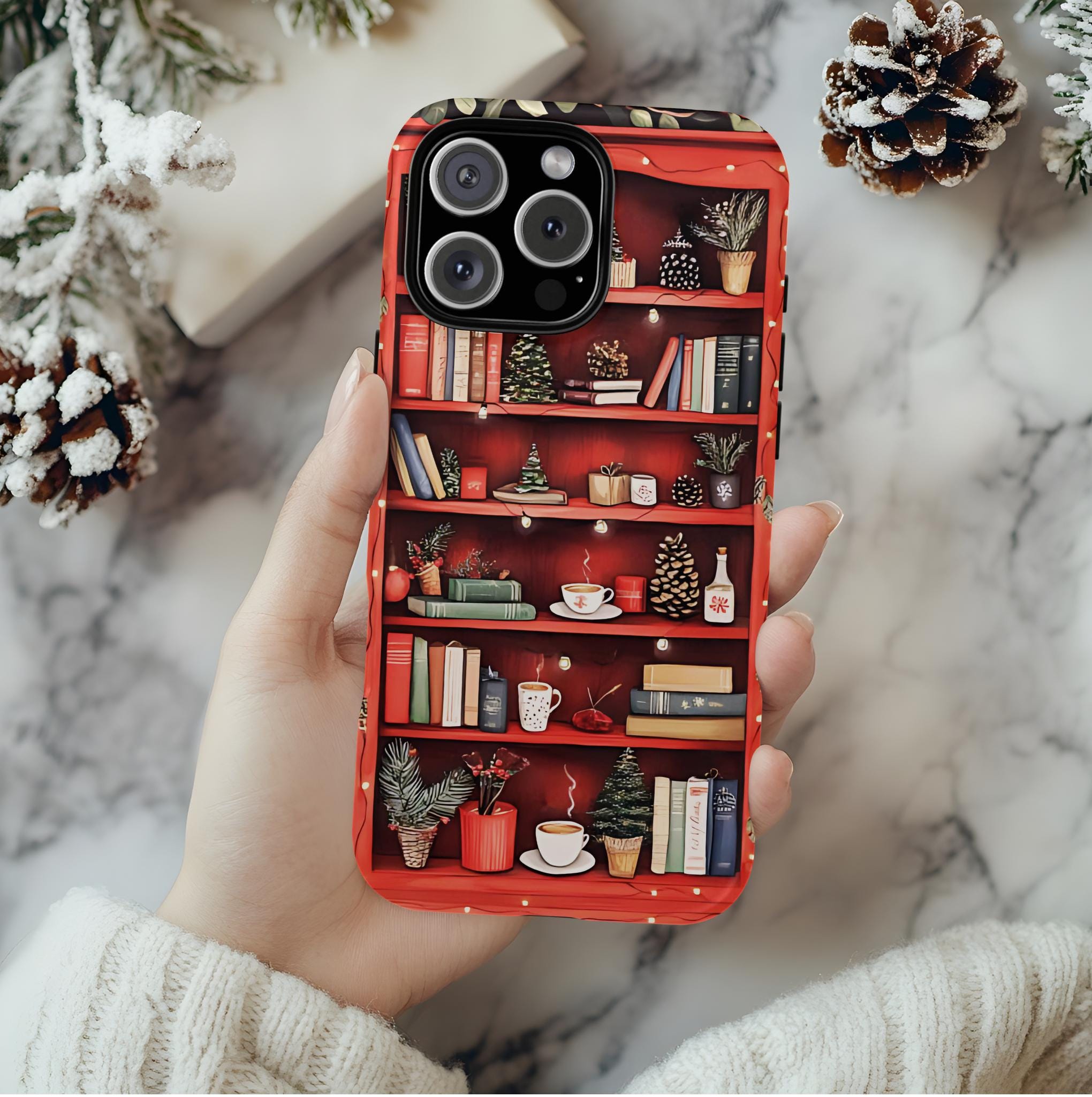 Bookish Christmas Phone Case: Holiday Library Bookshelf Design Book Lovers Gift, iPhone Galaxy, Pixel