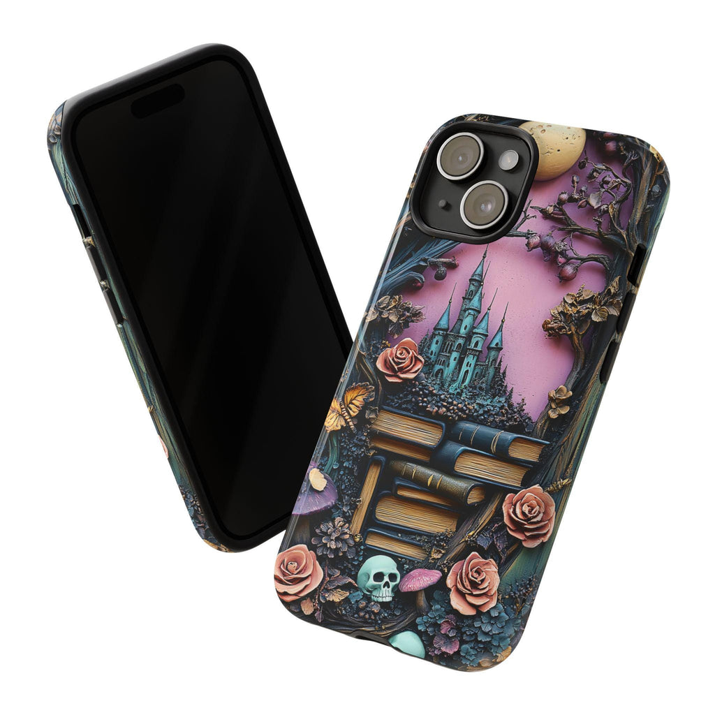 Dark Academia Bookshelf Phone Case: Bookish Gothic Library, Skulls & Florals iPhone Galaxy Pixel