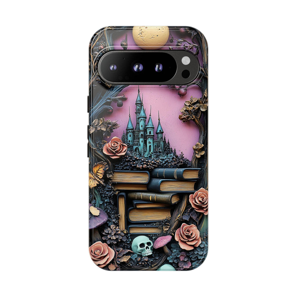 Dark Academia Bookshelf Phone Case: Bookish Gothic Library, Skulls & Florals iPhone Galaxy Pixel