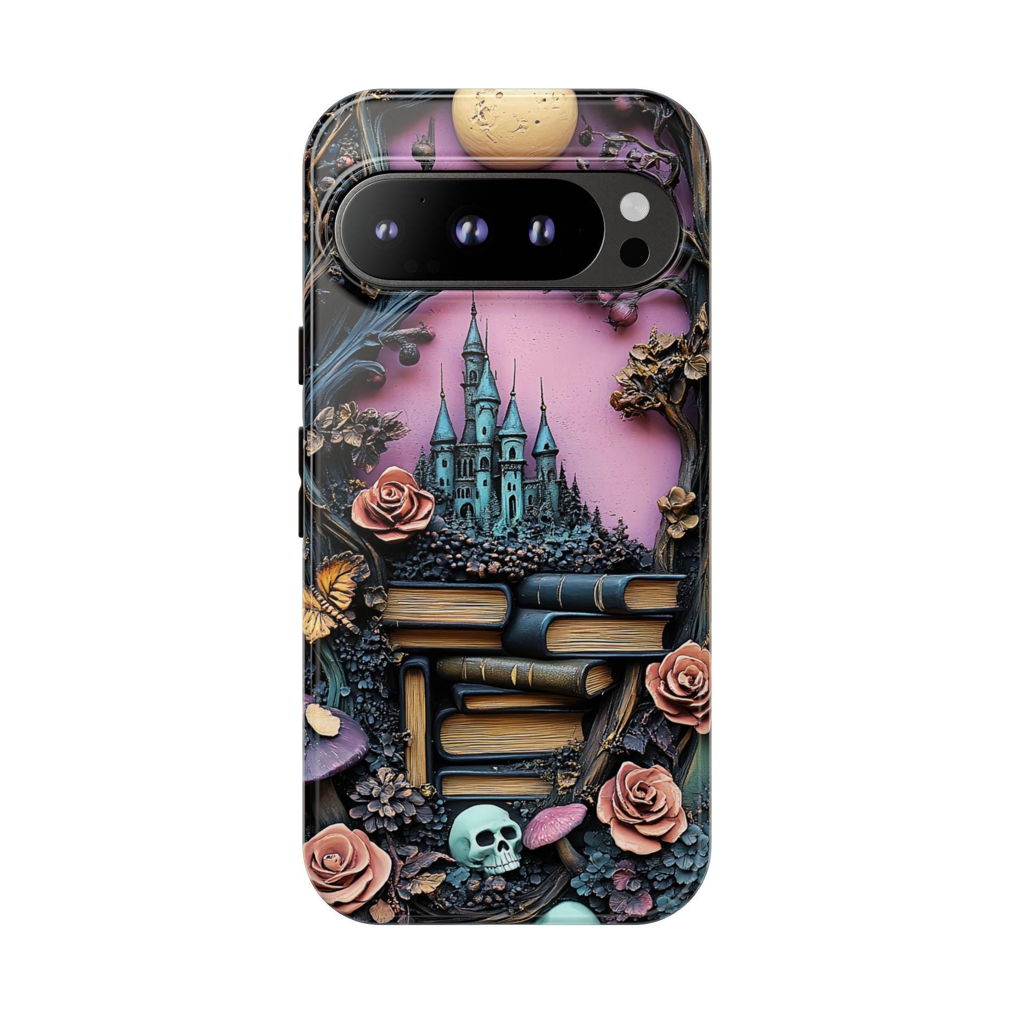 Dark Academia Bookshelf Phone Case: Bookish Gothic Library, Skulls & Florals iPhone Galaxy Pixel