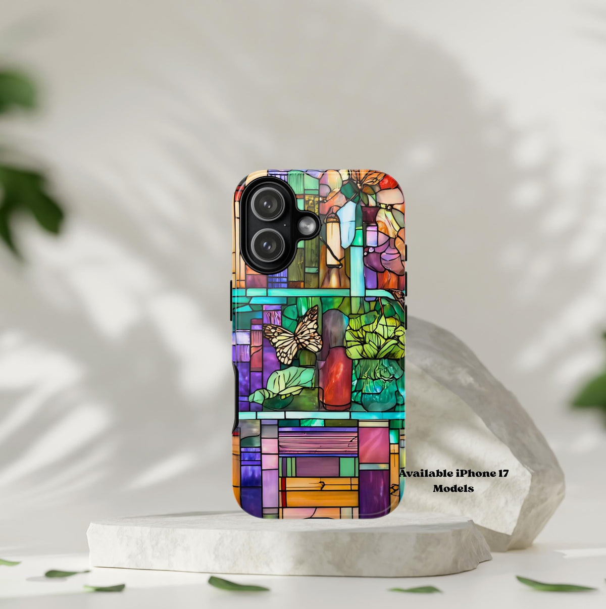 Floral Bookshelf Phone Case: Faux Stained Glass, Cottagecore Library Bookish iPhone Samsung Pixel