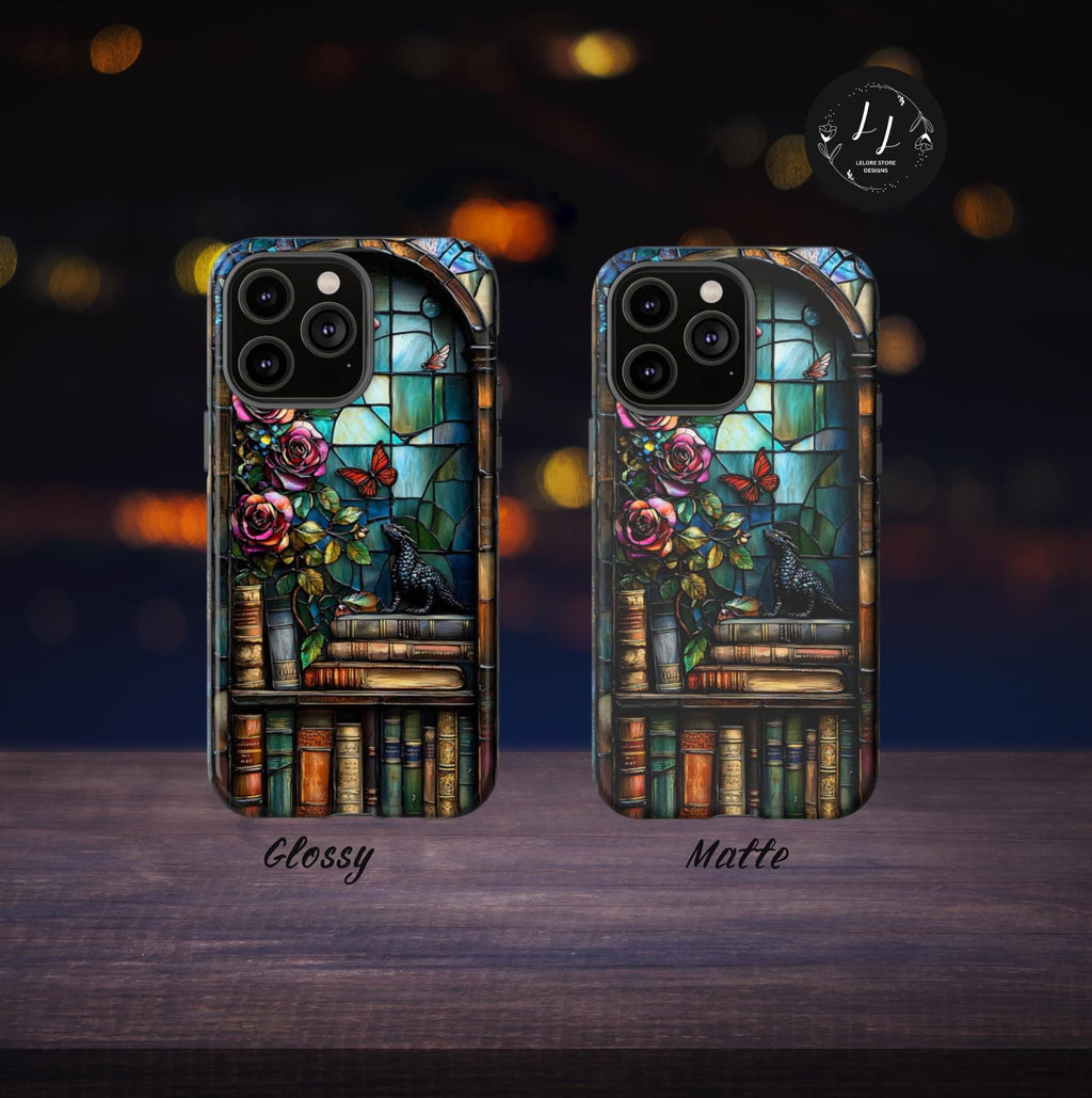Bookish Dragon Phone Case: Fantasy Bookshelf Faux Stained GlassiPhone Galaxy Pixel Book lover gift