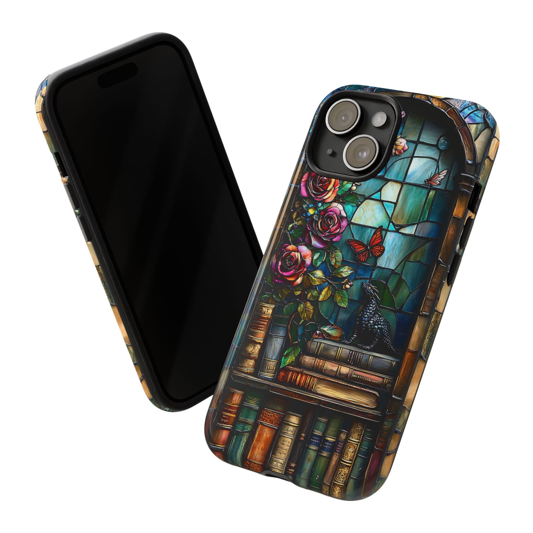 Bookish Dragon Phone Case: Fantasy Bookshelf Faux Stained GlassiPhone Galaxy Pixel Book lover gift