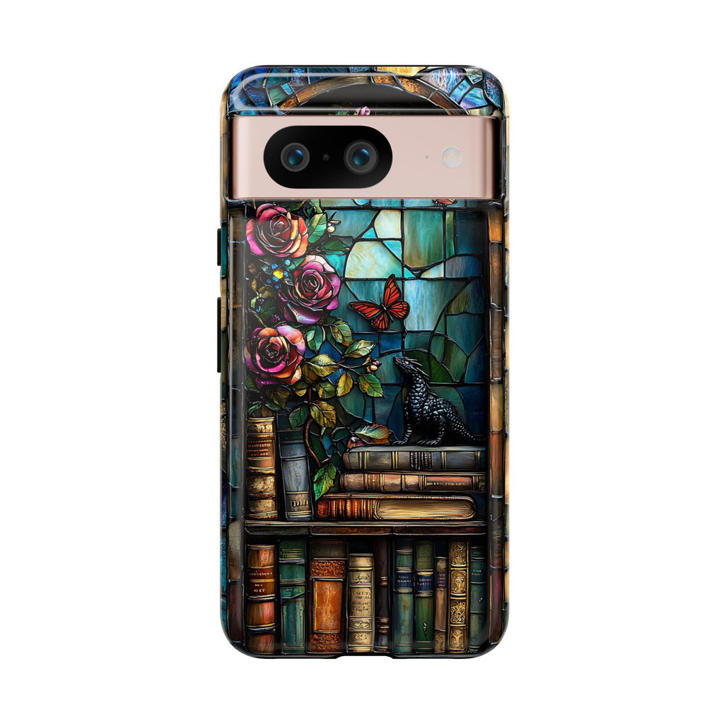 Bookish Dragon Phone Case: Fantasy Bookshelf Faux Stained GlassiPhone Galaxy Pixel Book lover gift