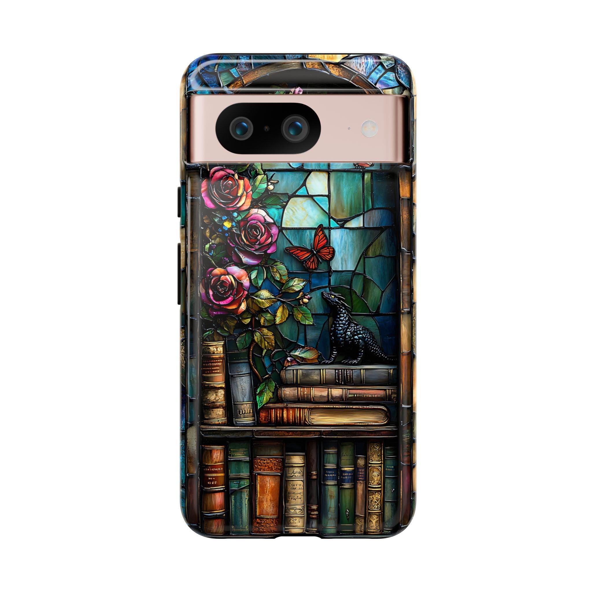 Bookish Dragon Phone Case: Fantasy Bookshelf Faux Stained GlassiPhone Galaxy Pixel Book lover gift