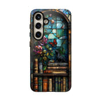 Bookish Dragon Phone Case: Fantasy Bookshelf Faux Stained GlassiPhone Galaxy Pixel Book lover gift