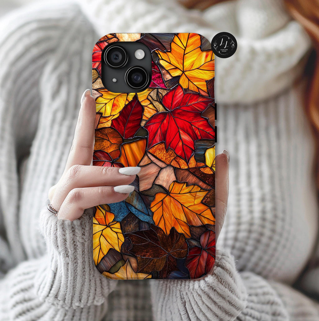 Stained Glass Autumn Maple Leaf Phone Case, Fall Colors