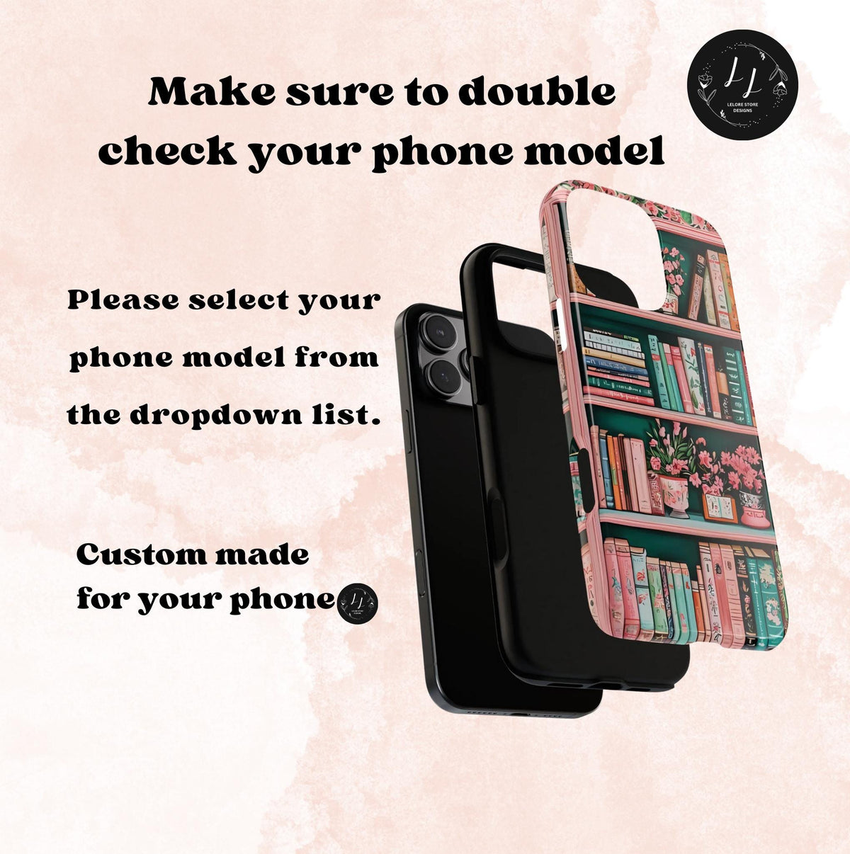 Pink Floral Bookshelf Phone Case, Vintage Bookish Flower iPhone Galaxy Pixel Book Lover Gift