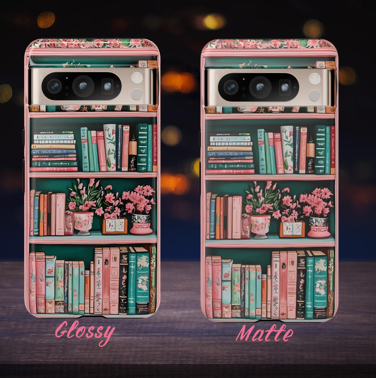 Pink Floral Bookshelf Phone Case, Vintage Bookish Flower iPhone Galaxy Pixel Book Lover Gift