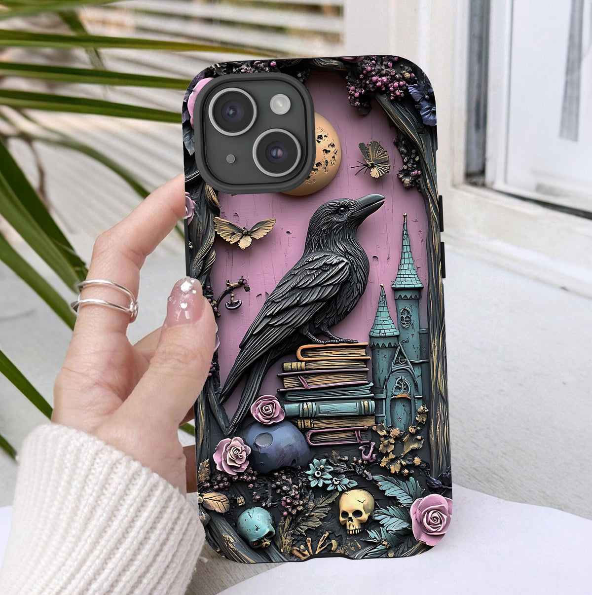 Gothic Raven Bookshelf Phone Case: Dark Academia Book Lover Gift iPhone Galaxy Pixel